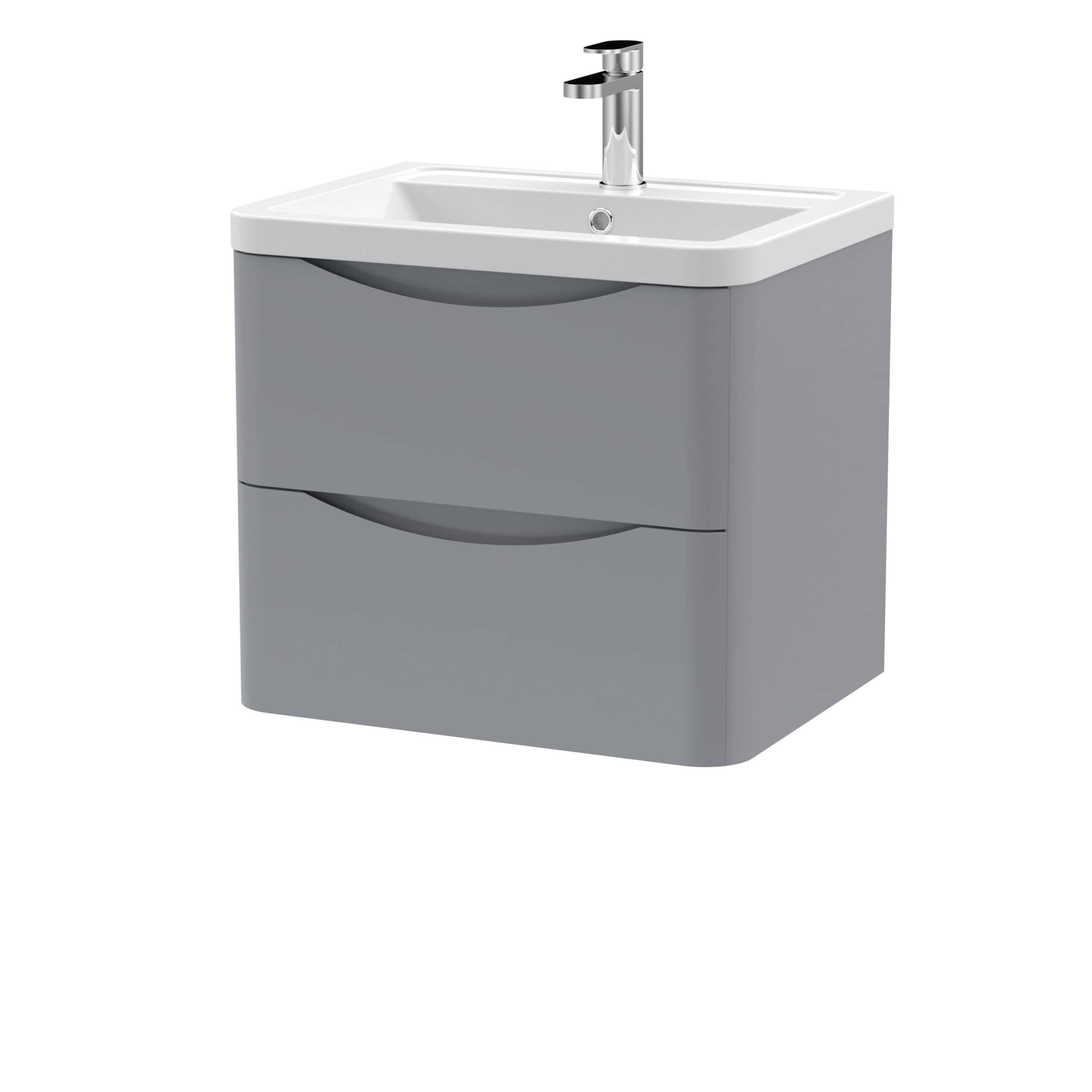 Modern grey bathroom vanity unit with integrated ceramic sink and chrome faucet, ideal for contemporary bathroom decor.