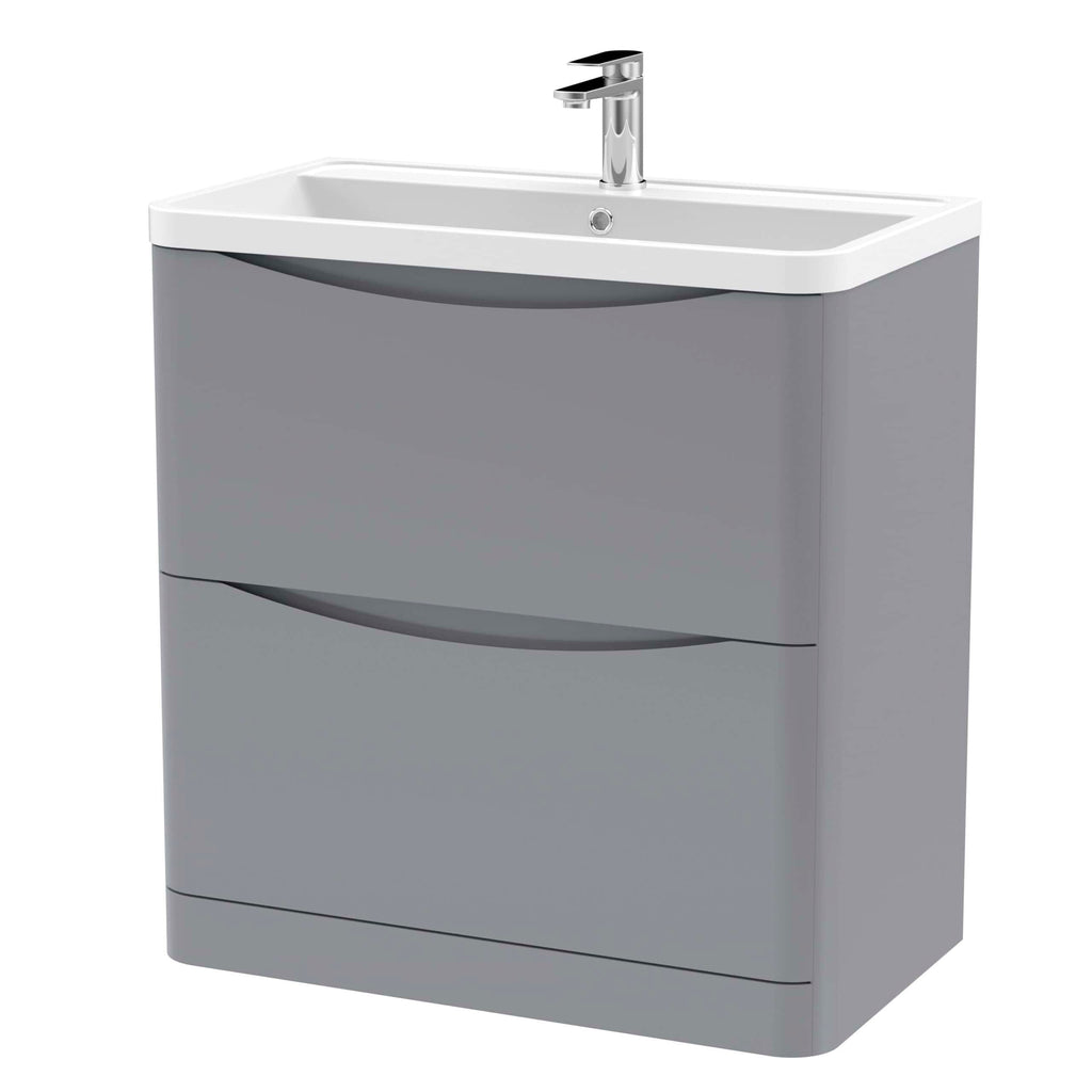 Modern grey bathroom vanity unit with integrated sink and chrome tap, ideal for contemporary bathroom designs.