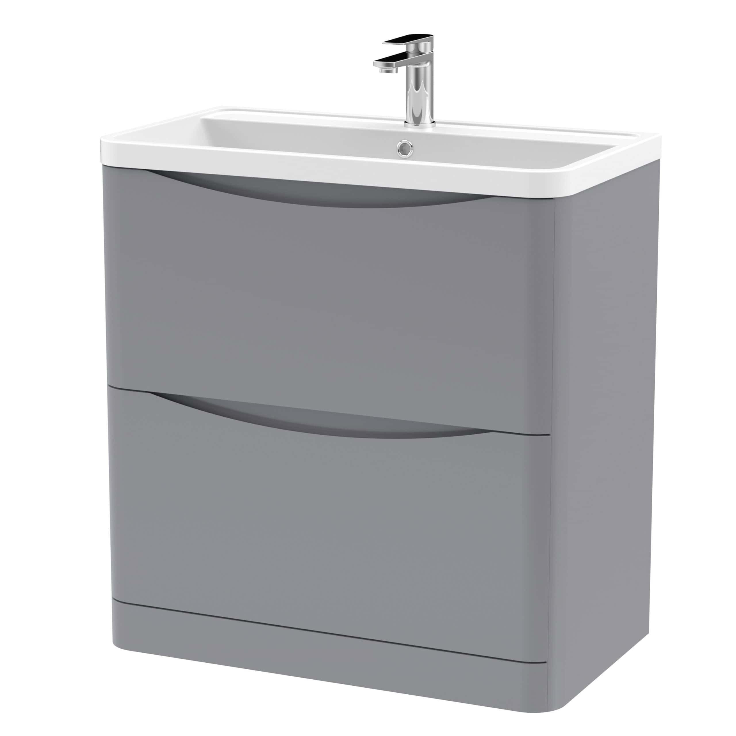 Modern grey bathroom vanity unit with integrated sink and chrome tap, ideal for contemporary bathroom designs.