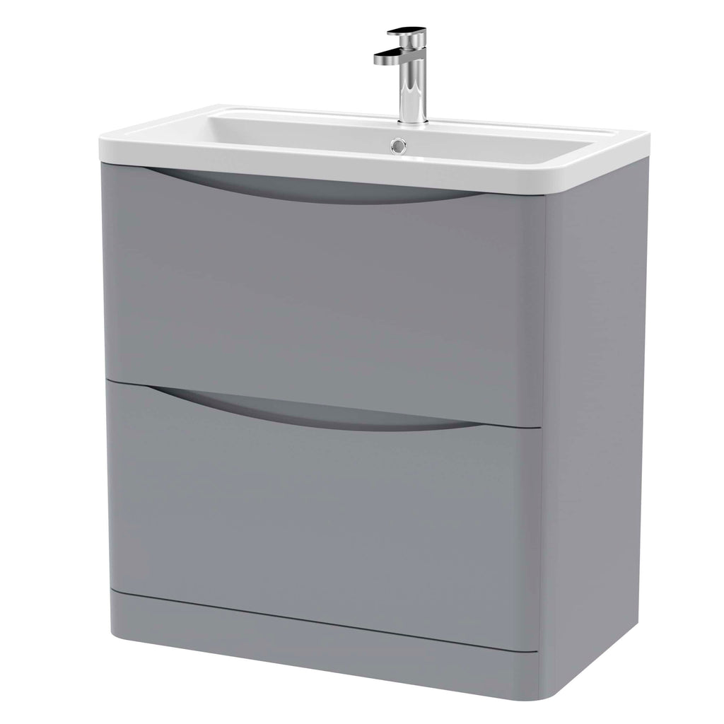 Modern grey bathroom vanity unit with integrated sink and chrome tap, ideal for contemporary bathroom interiors. Durable and stylish storage solution from Bubly Bathrooms.