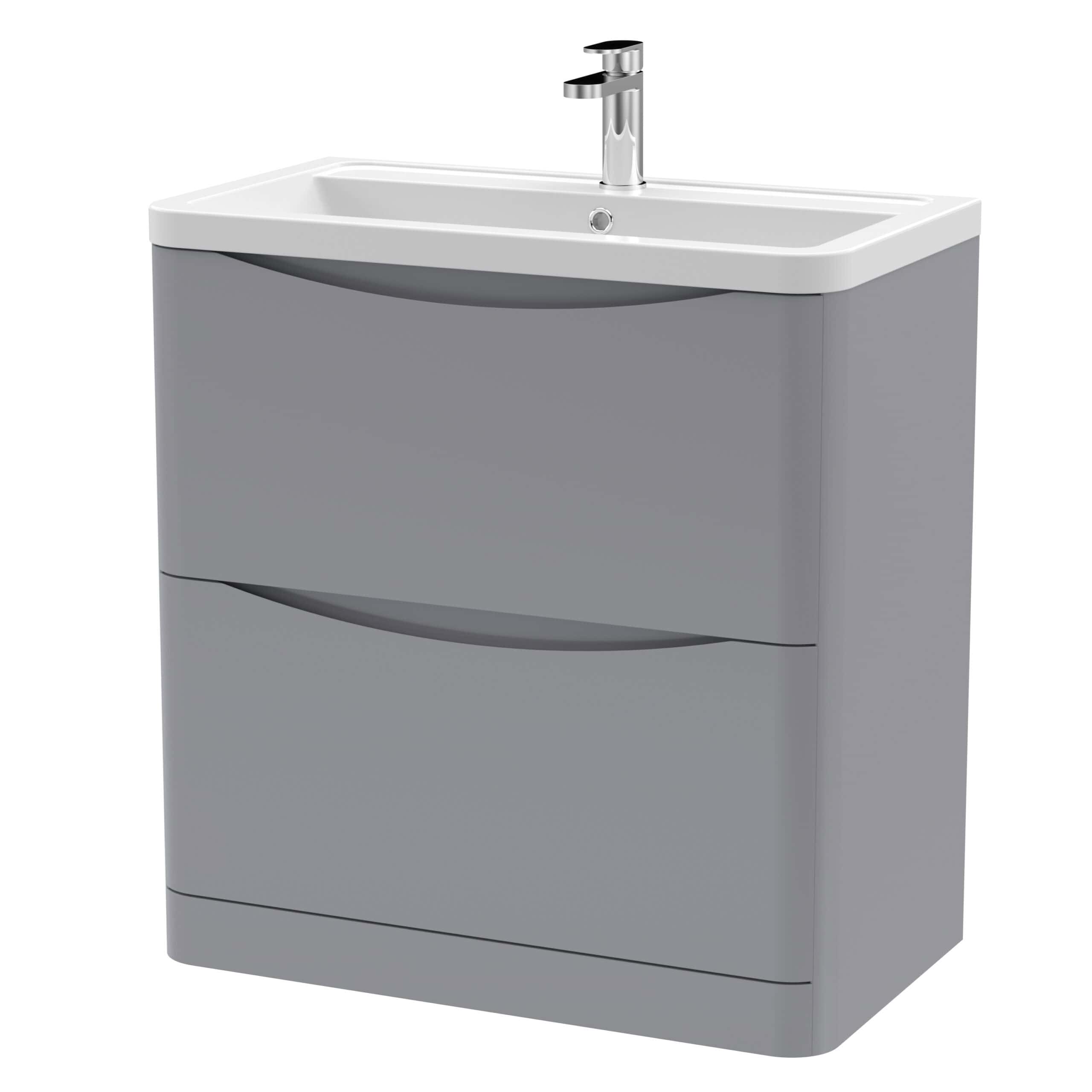 Modern grey bathroom vanity unit with integrated sink and chrome tap, ideal for contemporary bathroom interiors. Durable and stylish storage solution from Bubly Bathrooms.