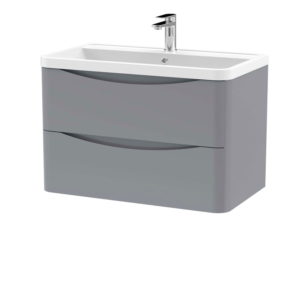 Sleek grey bathroom vanity unit with integrated basin and modern chrome tap, ideal for contemporary bathroom designs.