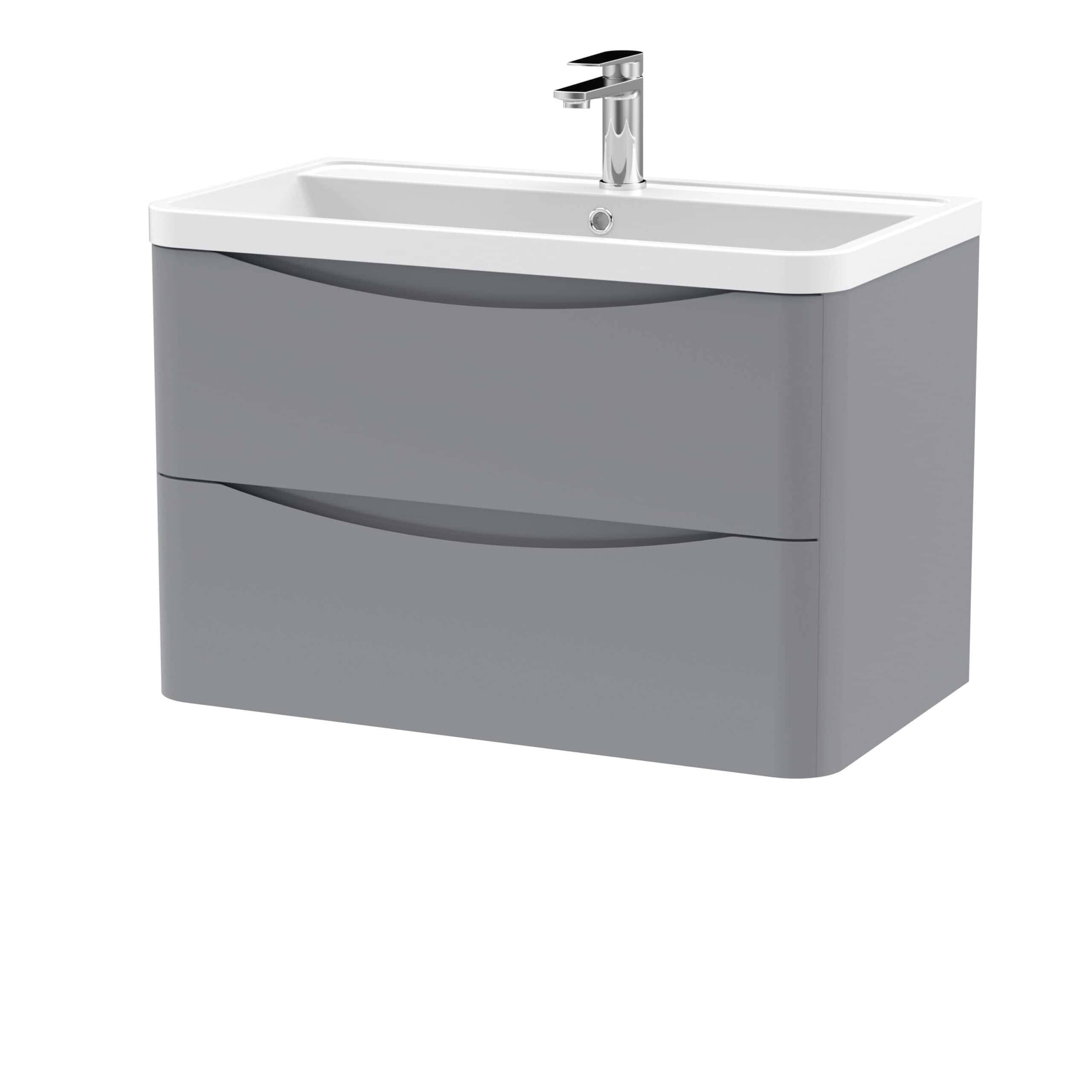 Sleek grey bathroom vanity unit with integrated basin and modern chrome tap, ideal for contemporary bathroom designs.