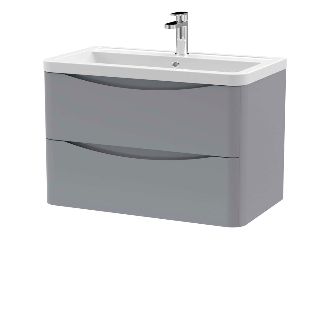 Modern grey bathroom vanity unit with integrated ceramic sink and chrome faucet, ideal for contemporary bathroom designs. Durable storage with elegant curved drawer handles, perfect for bathroom organisation.