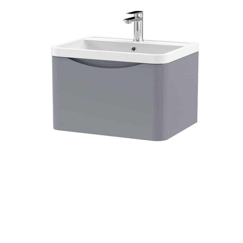 Compact bathroom vanity with integrated sink and chrome faucet, ideal for modern en-suite or small bathrooms. Stylish grey cabinet offers practical storage space.