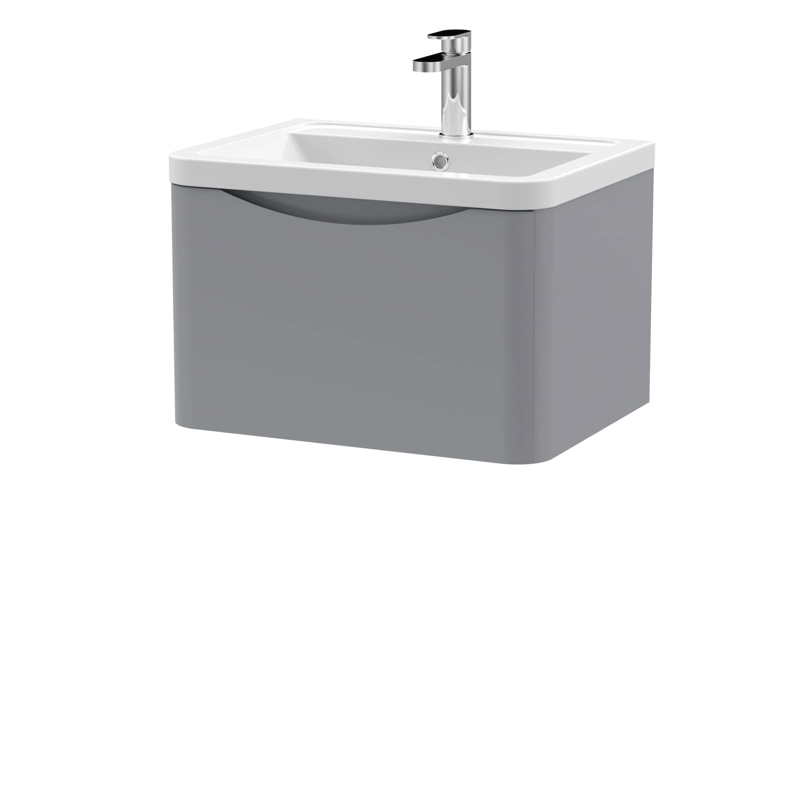 Sleek grey bathroom vanity with integrated sink and modern chrome tap, perfect for contemporary bathroom designs and space-saving bathroom furniture solutions.