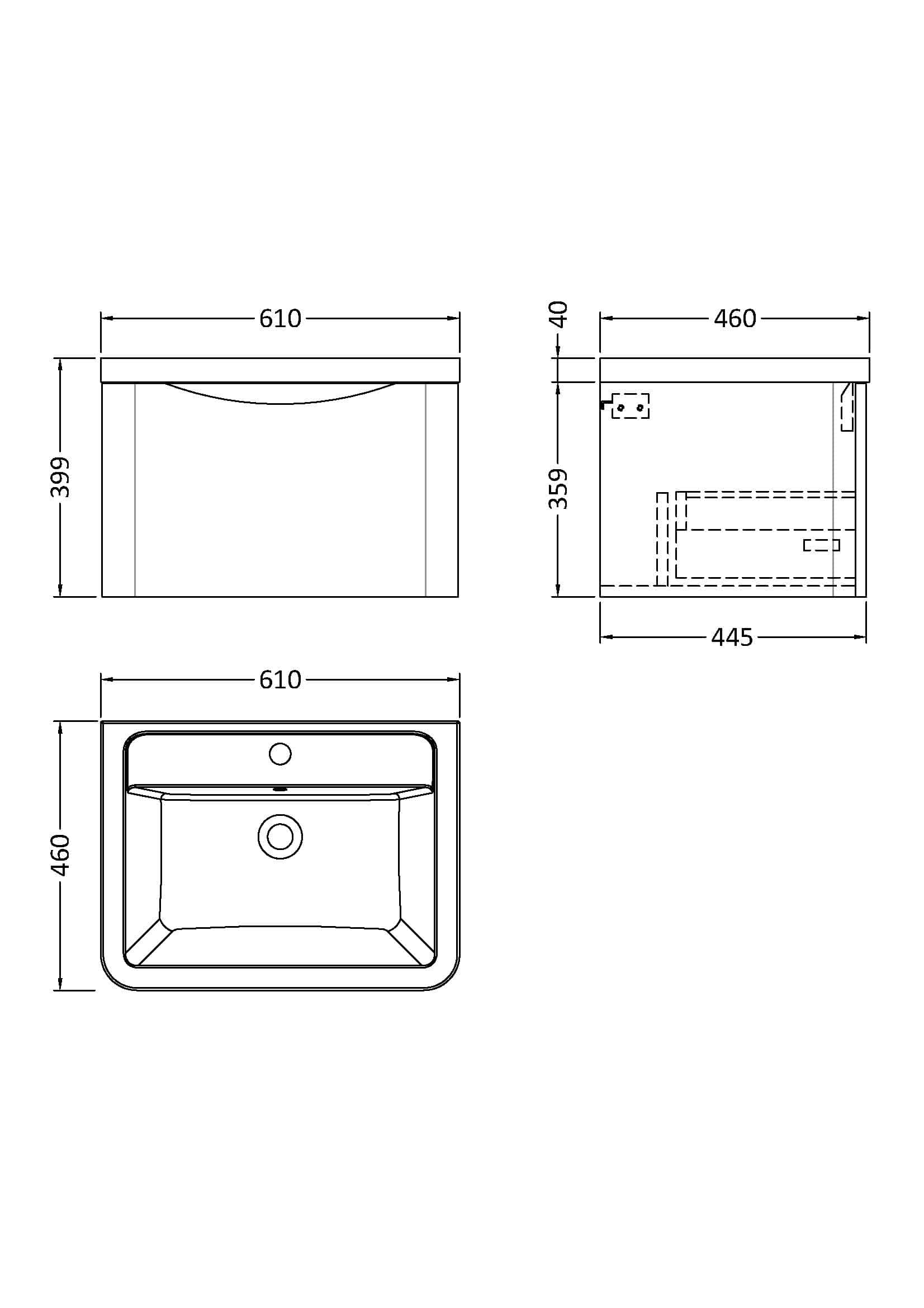 Modern bathroom sink with detailed technical drawing and measurements for optimal bathroom design and installation. Suitable for contemporary bathroom renovations and setups.