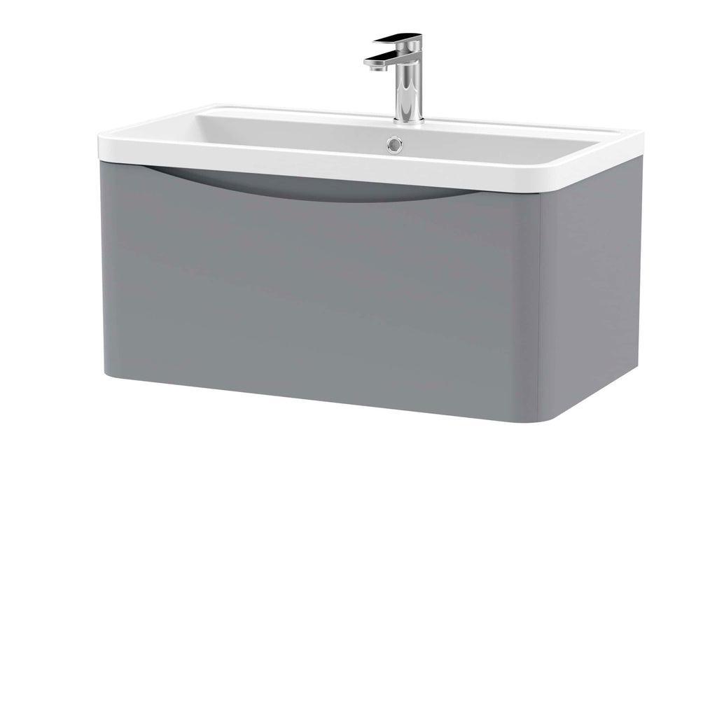 Modern grey bathroom sink cabinet with integrated white ceramic basin and chrome tap. Perfect for contemporary bathroom designs, combining style and functionality.