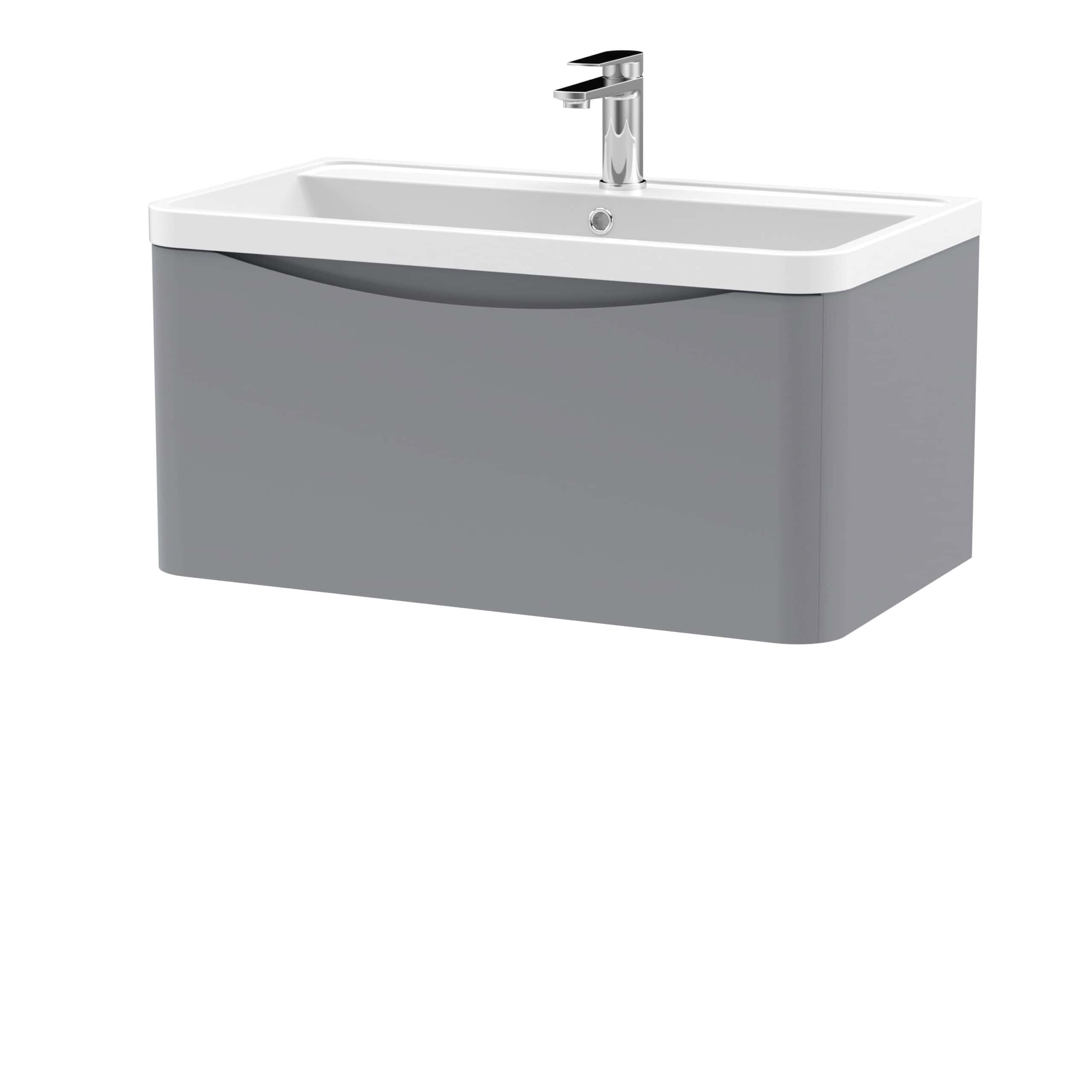 Modern grey bathroom sink cabinet with integrated white ceramic basin and chrome tap. Perfect for contemporary bathroom designs, combining style and functionality.