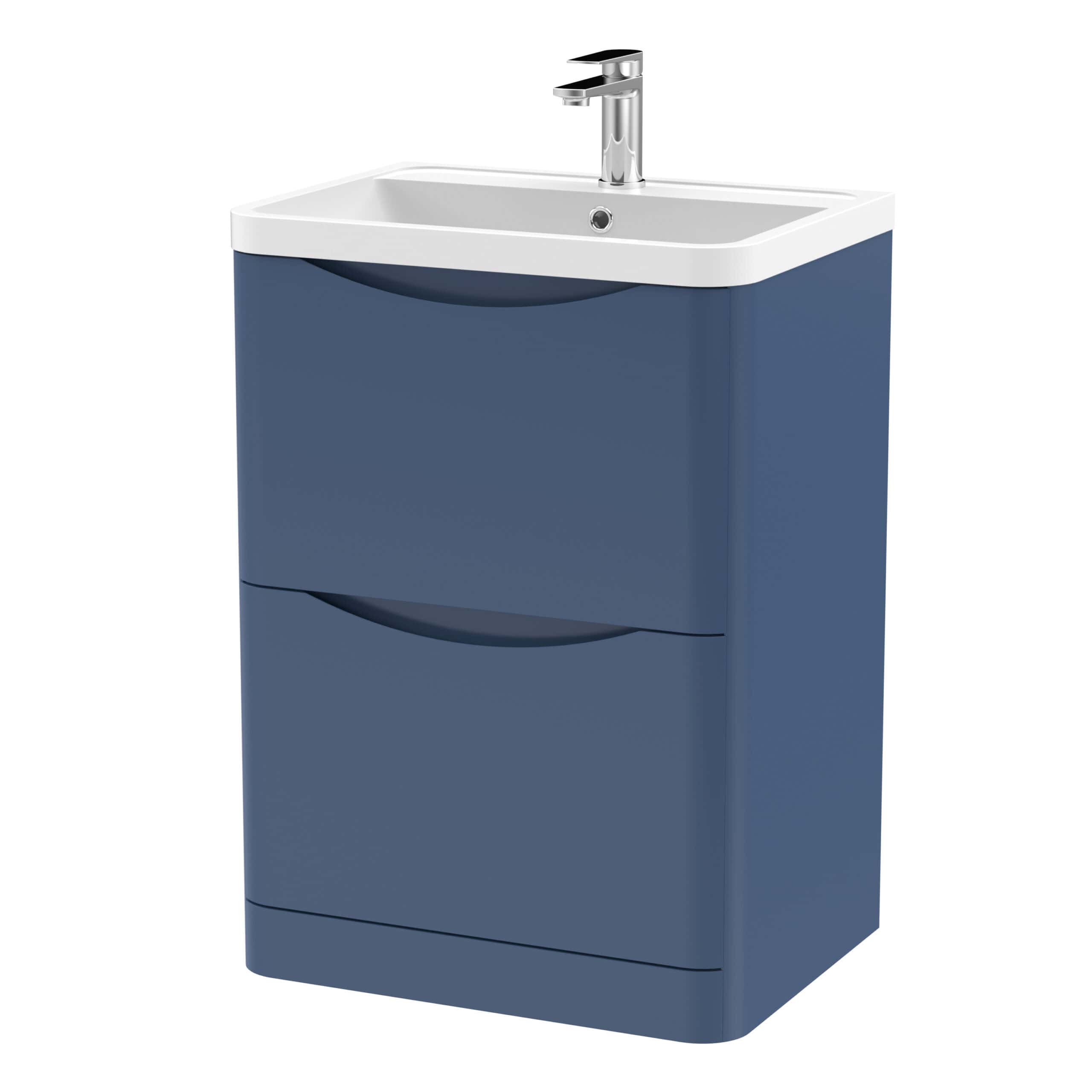 Contemporary blue bathroom vanity unit with integrated sink and storage drawers, ideal for modern bathroom interiors and cabinet plumbing solutions.
