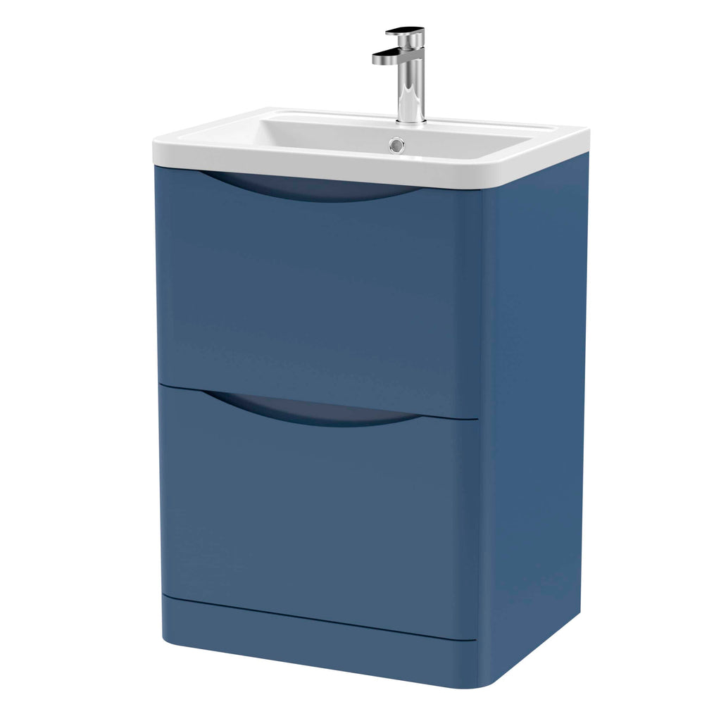 Blue bathroom vanity unit with integrated sink and chrome tap, ideal for modern washroom configurations. Durable, stylish, perfect for contemporary bathroom design.