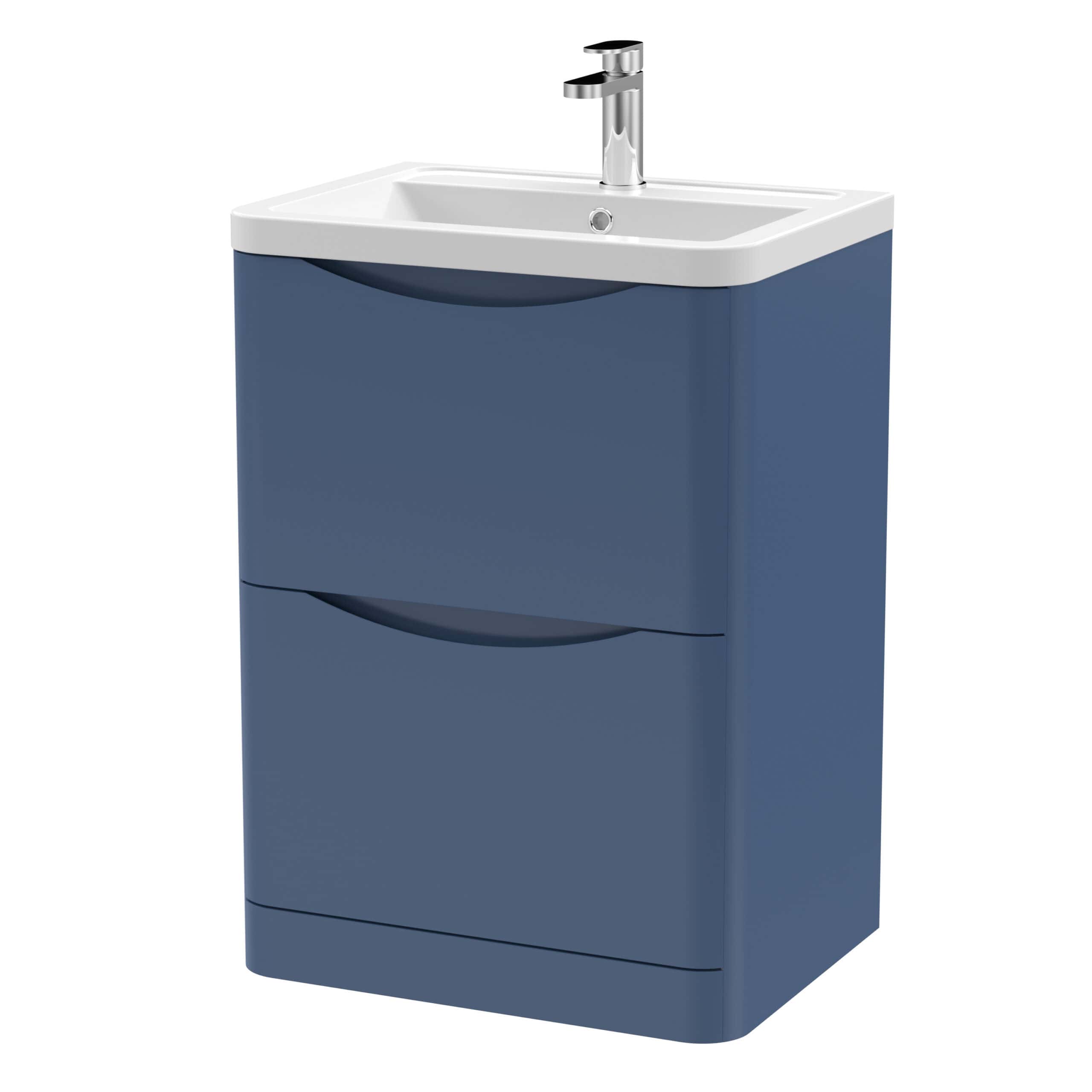 Blue bathroom vanity unit with integrated sink and chrome tap, ideal for modern washroom configurations. Durable, stylish, perfect for contemporary bathroom design.