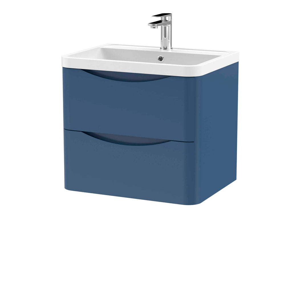 Modern blue bathroom vanity with integrated sink and chrome faucet, ideal for contemporary bathroom design, offering storage in two drawers for toiletries and essentials.