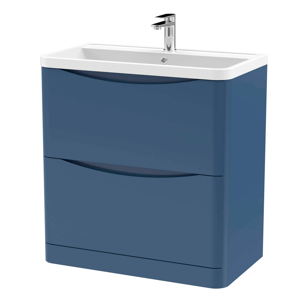 Sleek navy blue bathroom vanity unit with integrated ceramic sink and chrome tap, perfect for contemporary bathroom décor and efficient storage solutions.