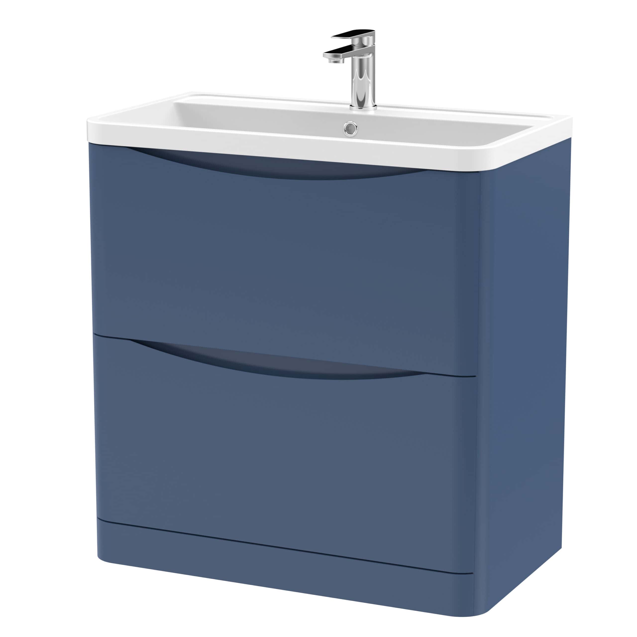 Sleek navy blue bathroom vanity unit with integrated ceramic sink and chrome tap, perfect for contemporary bathroom décor and efficient storage solutions.