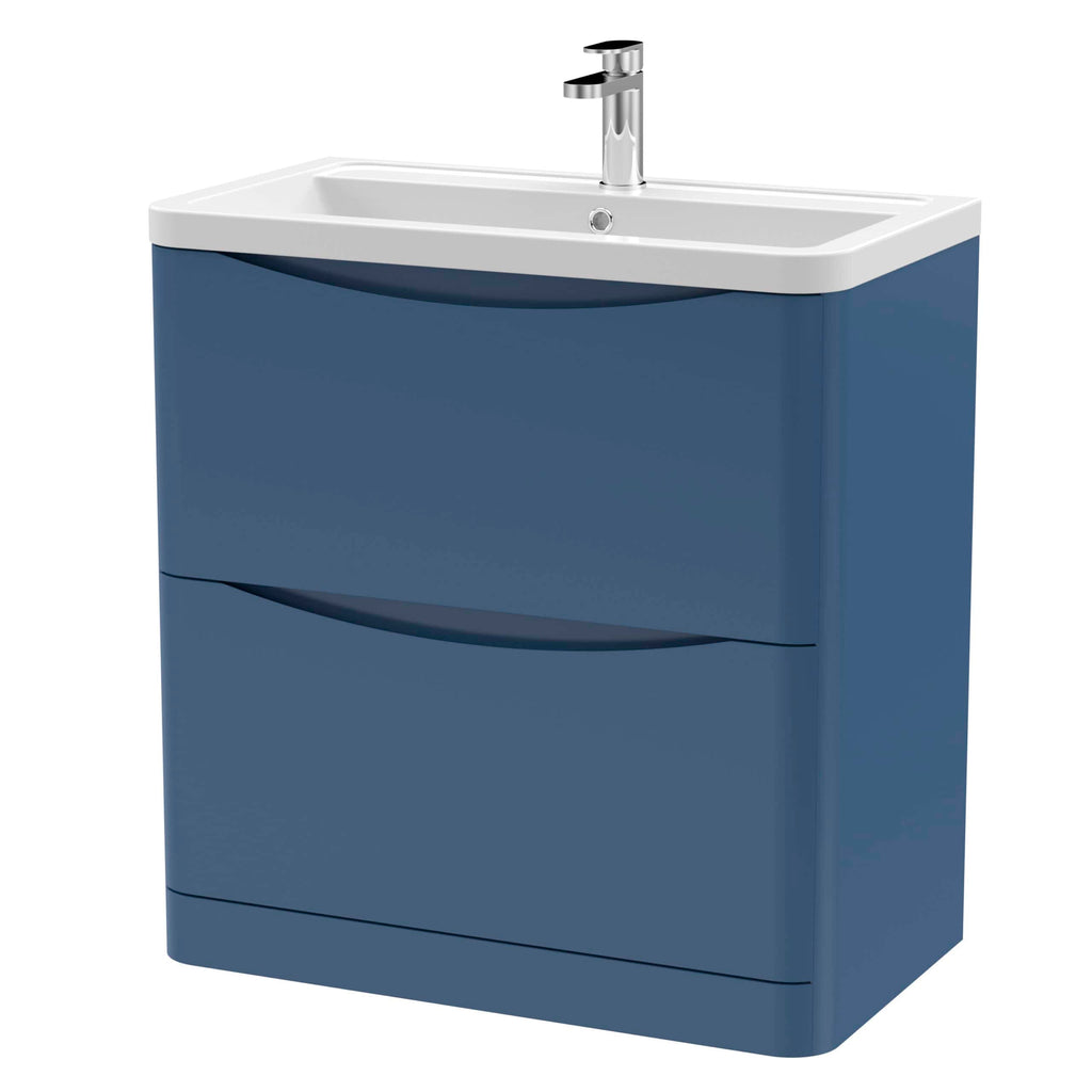 Modern blue bathroom vanity with integrated white sink and chrome faucet, ideal for contemporary bathroom decor.