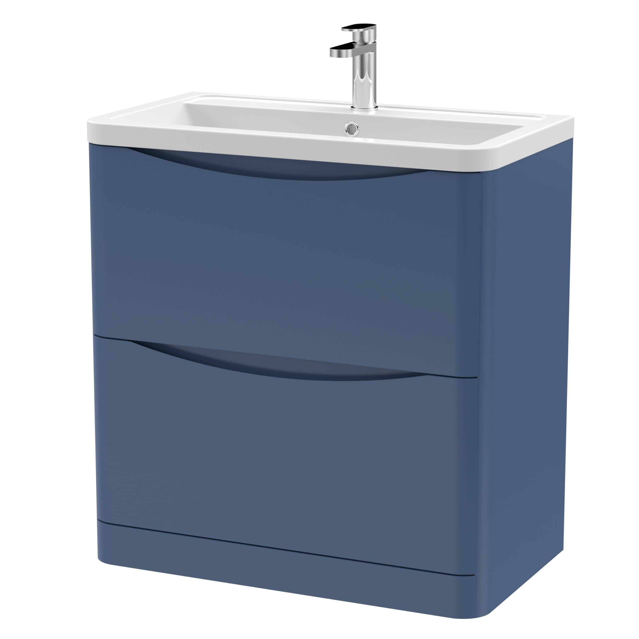 Modern blue bathroom vanity with integrated white sink and chrome faucet, ideal for contemporary bathroom decor.