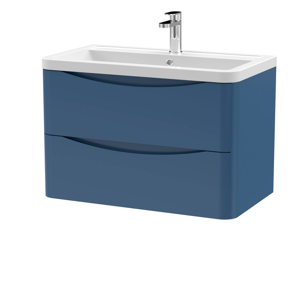 Sleek blue bathroom vanity unit with integrated sink and chrome tap, stylish storage drawers for bathroom organisation. Perfect for modern bathrooms and water-saving setups.