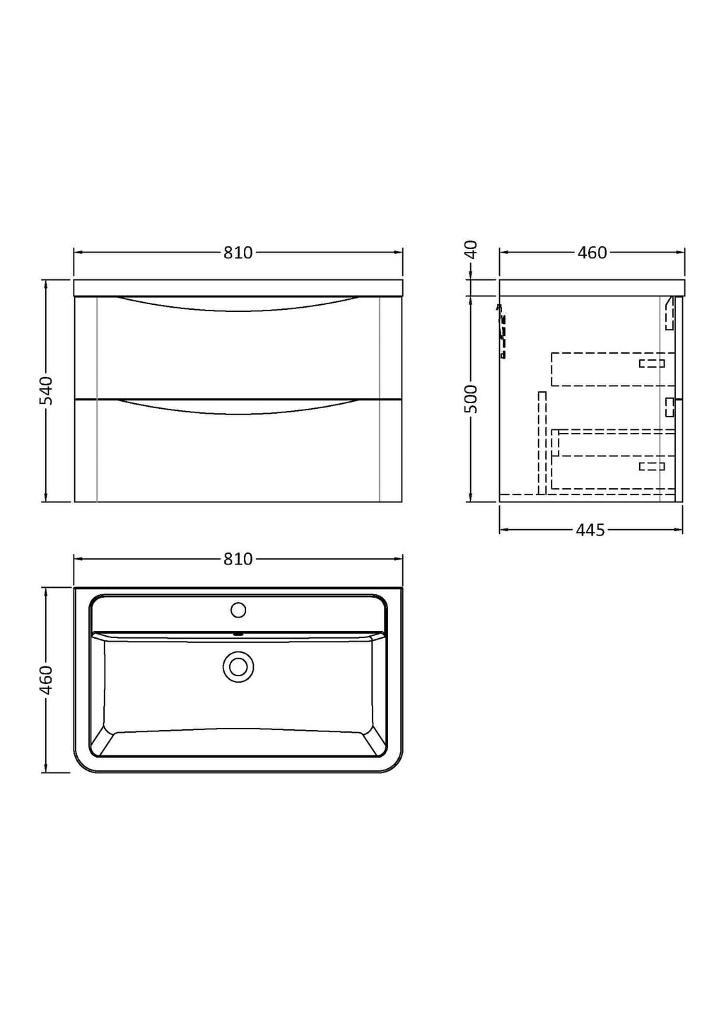 Sleek bathroom vanity with drawers, modern design, black finish, 810mm wide, 540mm high, perfect for contemporary bathrooms.