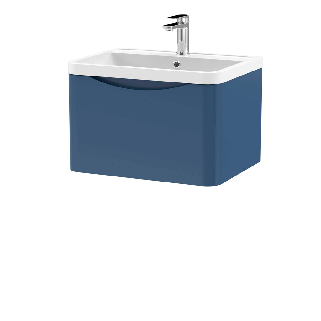 Sleek blue bathroom vanity with a built-in white ceramic sink and chrome tap, ideal for modern bathroom decor. Perfect for bathroom renovation and storage solutions.