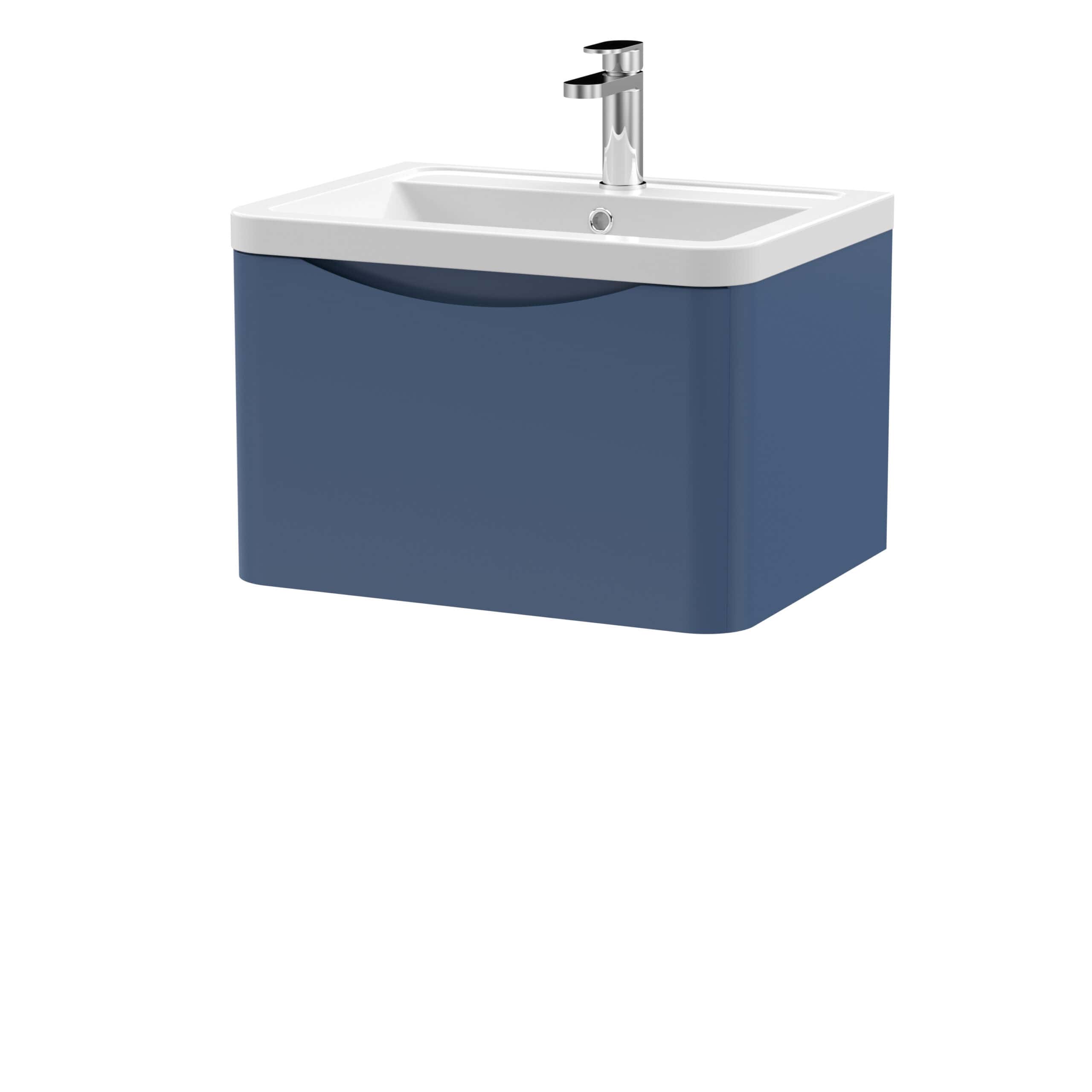 Modern blue bathroom vanity unit with integrated ceramic sink and chrome mixer tap, ideal for stylish bathroom storage and washbasin solutions.