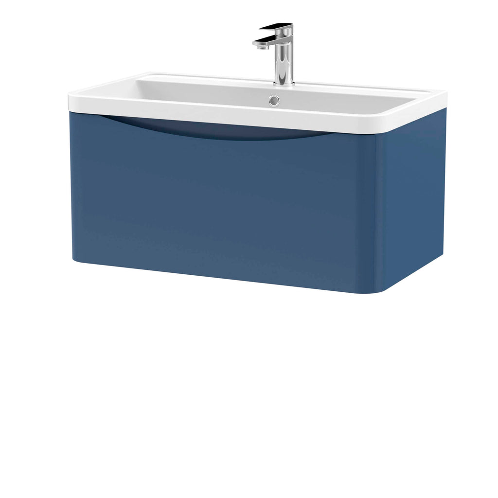 Blue bathroom vanity with integrated white sink and modern chrome tap for stylish bathroom designs.