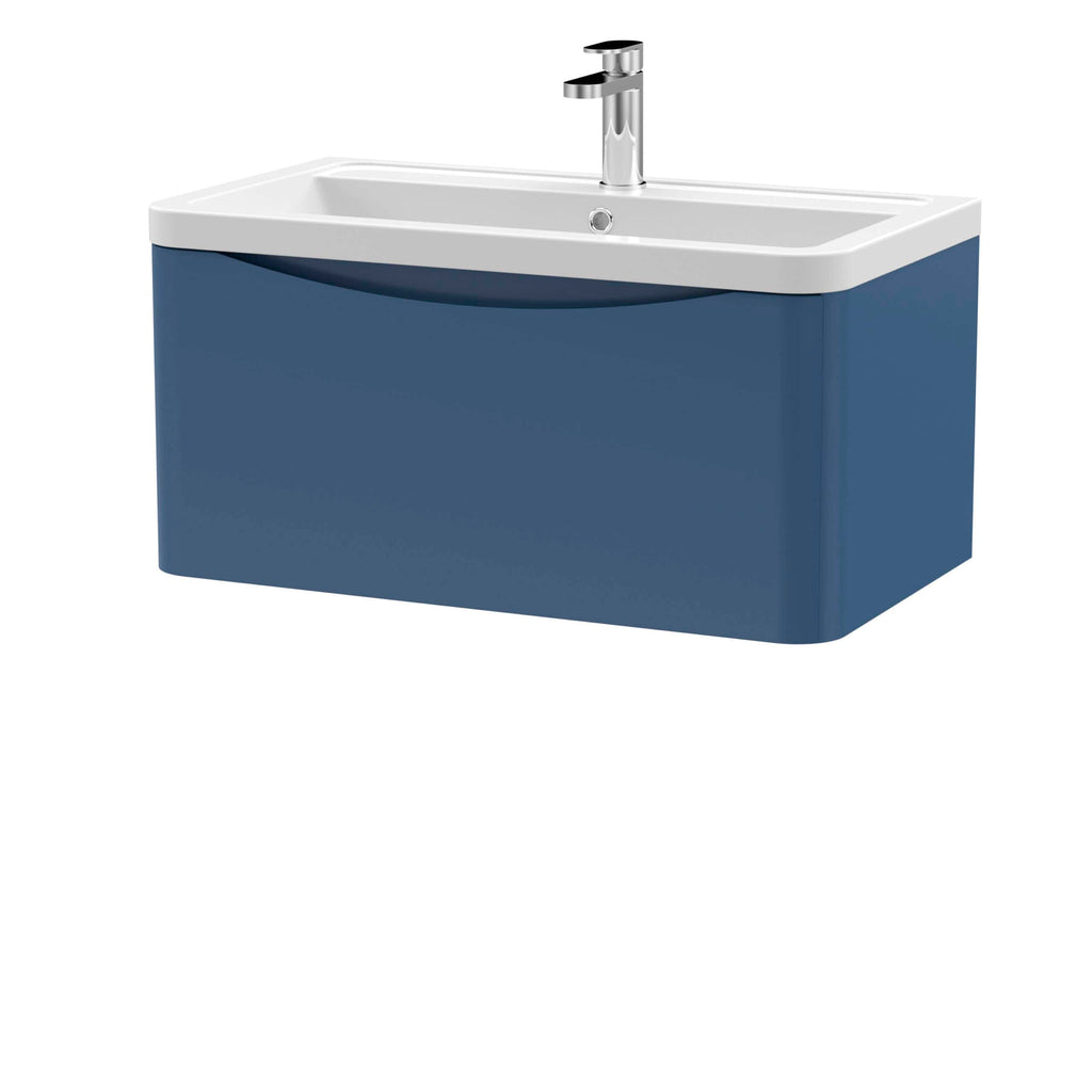 Modern blue bathroom vanity with integrated sink and sleek chrome tap, ideal for stylish bathroom upgrades and contemporary bathroom furniture.