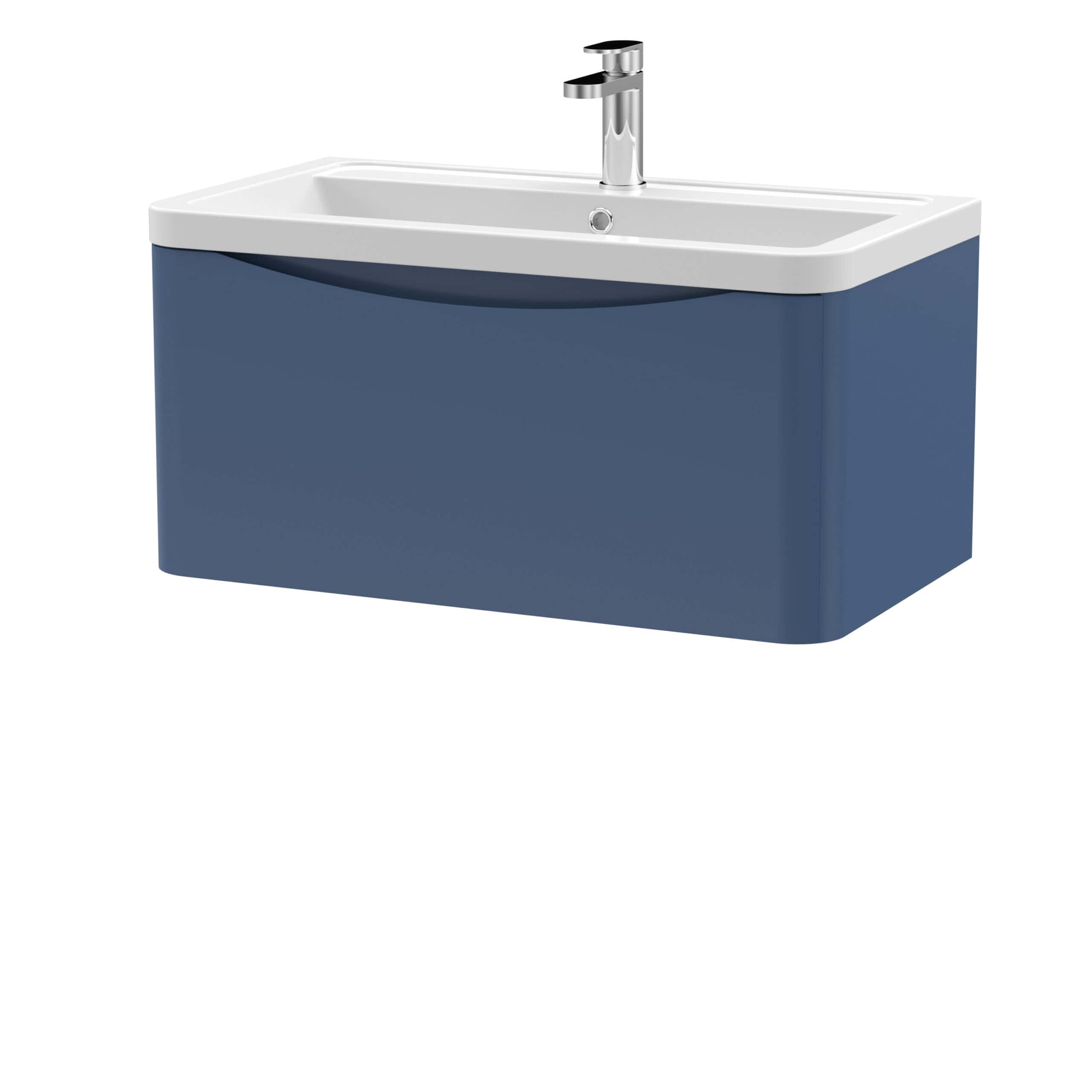 Modern blue bathroom vanity with integrated sink and sleek chrome tap, ideal for stylish bathroom upgrades and contemporary bathroom furniture.