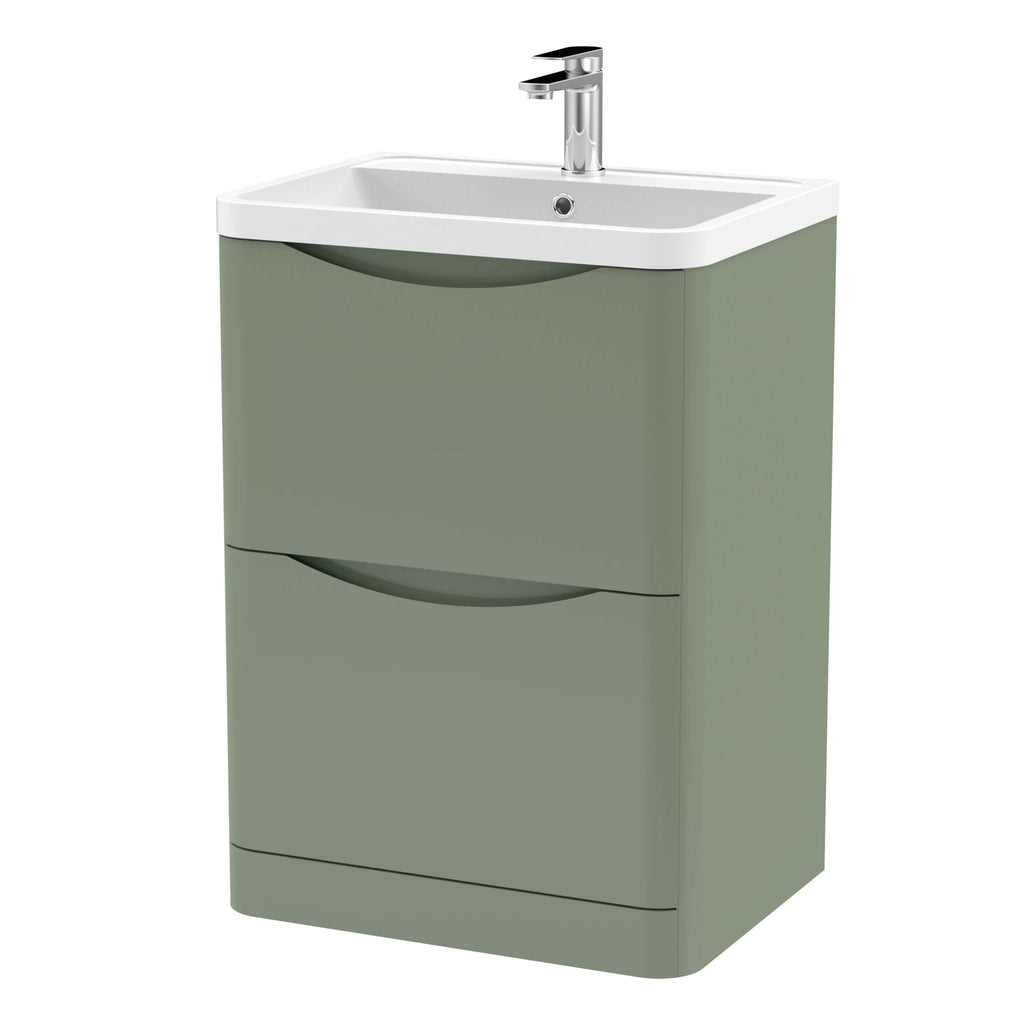 Modern green bathroom vanity unit with integrated sink and chrome tap, ideal for stylish and functional bathroom storage solutions.