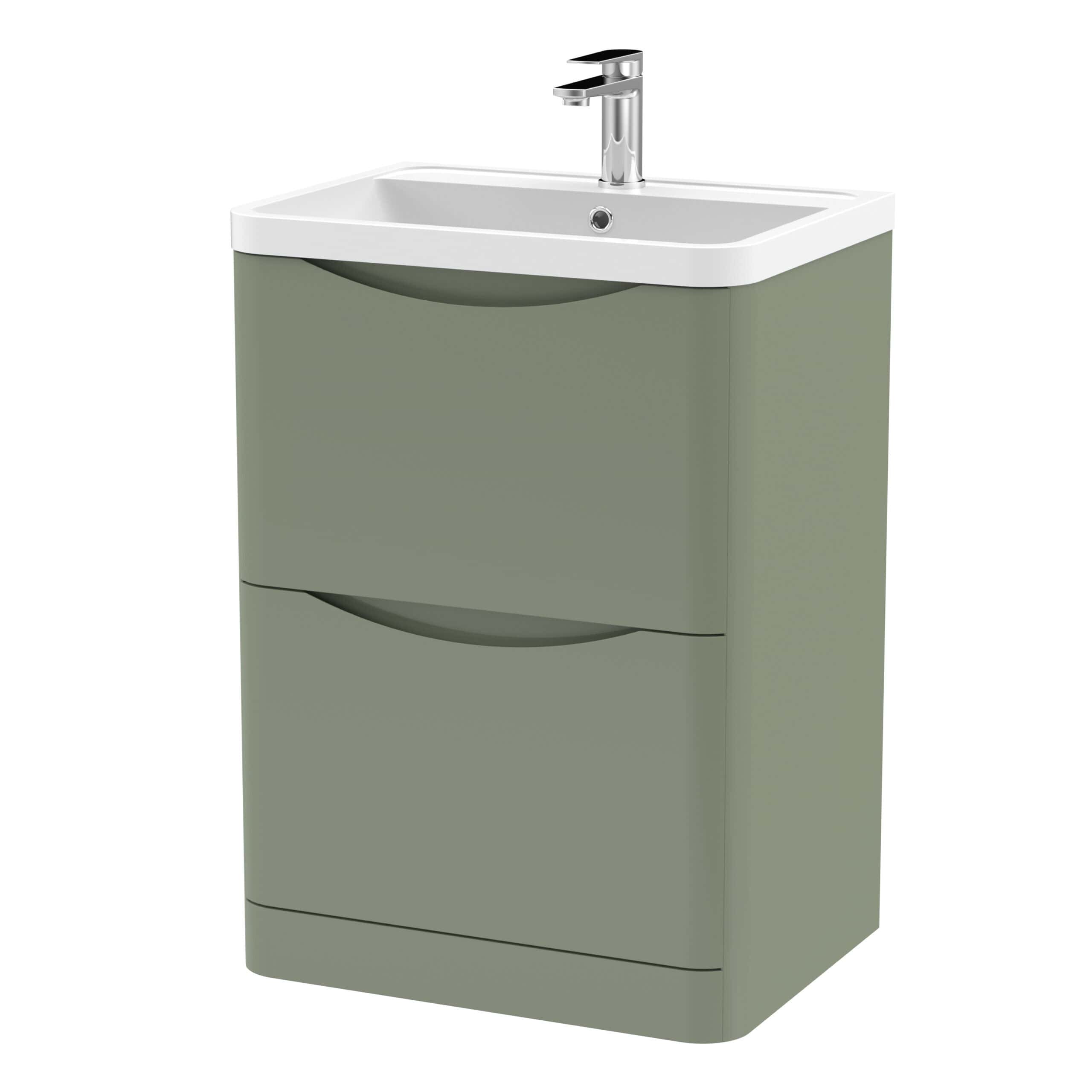 Modern green bathroom vanity unit with integrated sink and chrome tap, ideal for stylish and functional bathroom storage solutions.