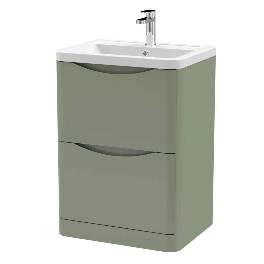 White bathroom vanity unit with a built-in sink and chrome tap, featuring two drawers for storage, in a modern minimalistic style suitable for contemporary bathrooms.