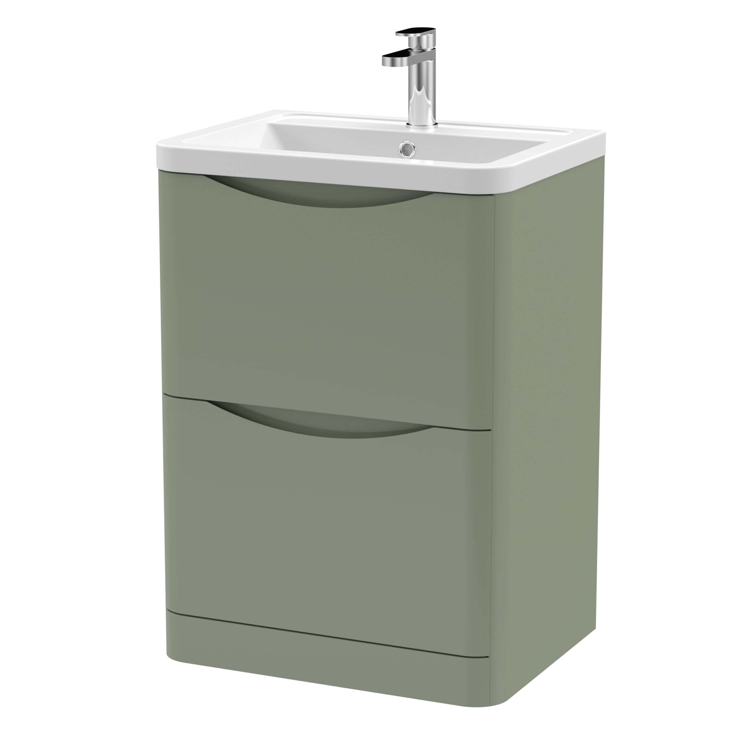 White bathroom vanity unit with a built-in sink and chrome tap, featuring two drawers for storage, in a modern minimalistic style suitable for contemporary bathrooms.