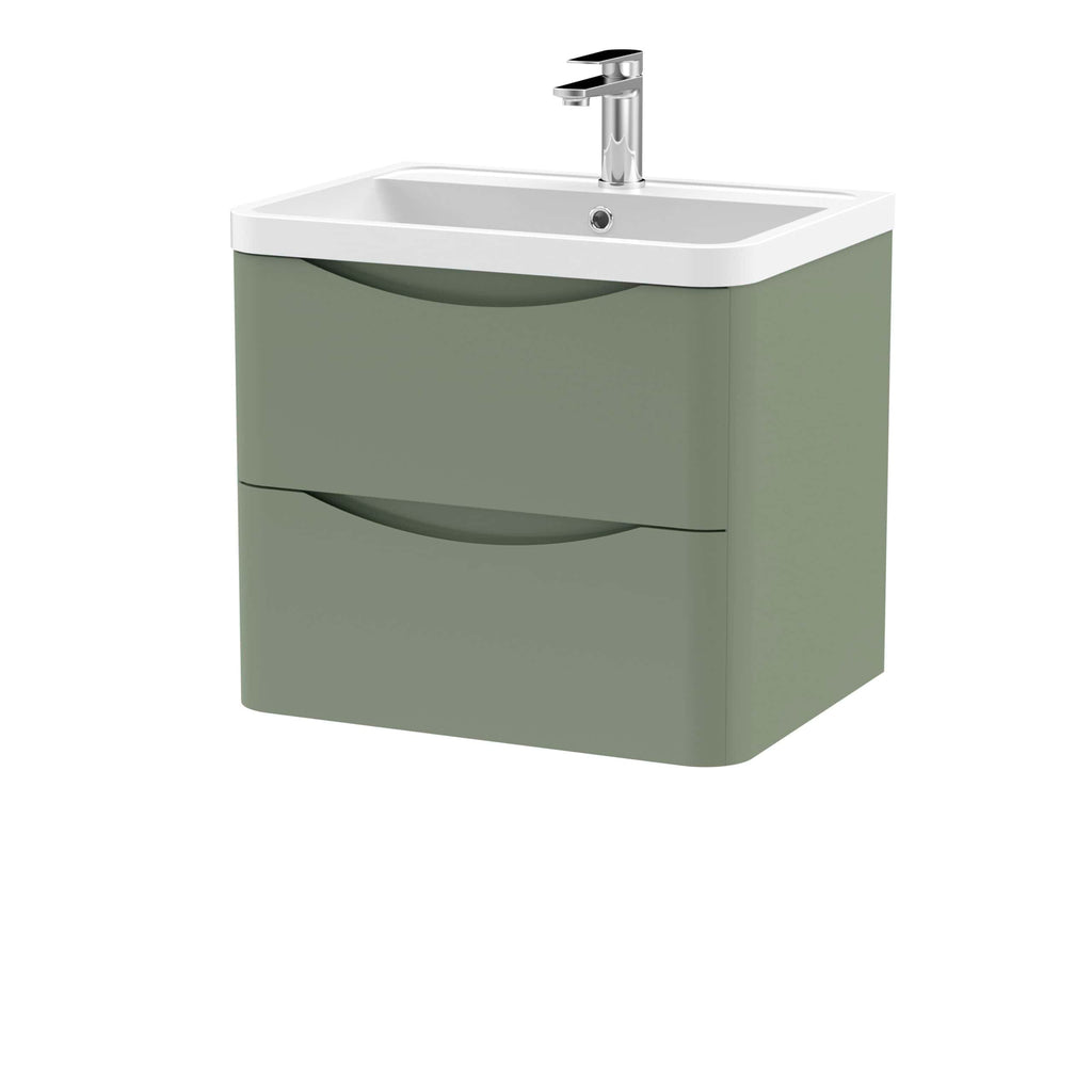 Modern green bathroom vanity with integrated sink and chrome faucet, ideal for contemporary bathroom designs. Durable cabinetry with sleek curved drawer handles for efficient storage and style.