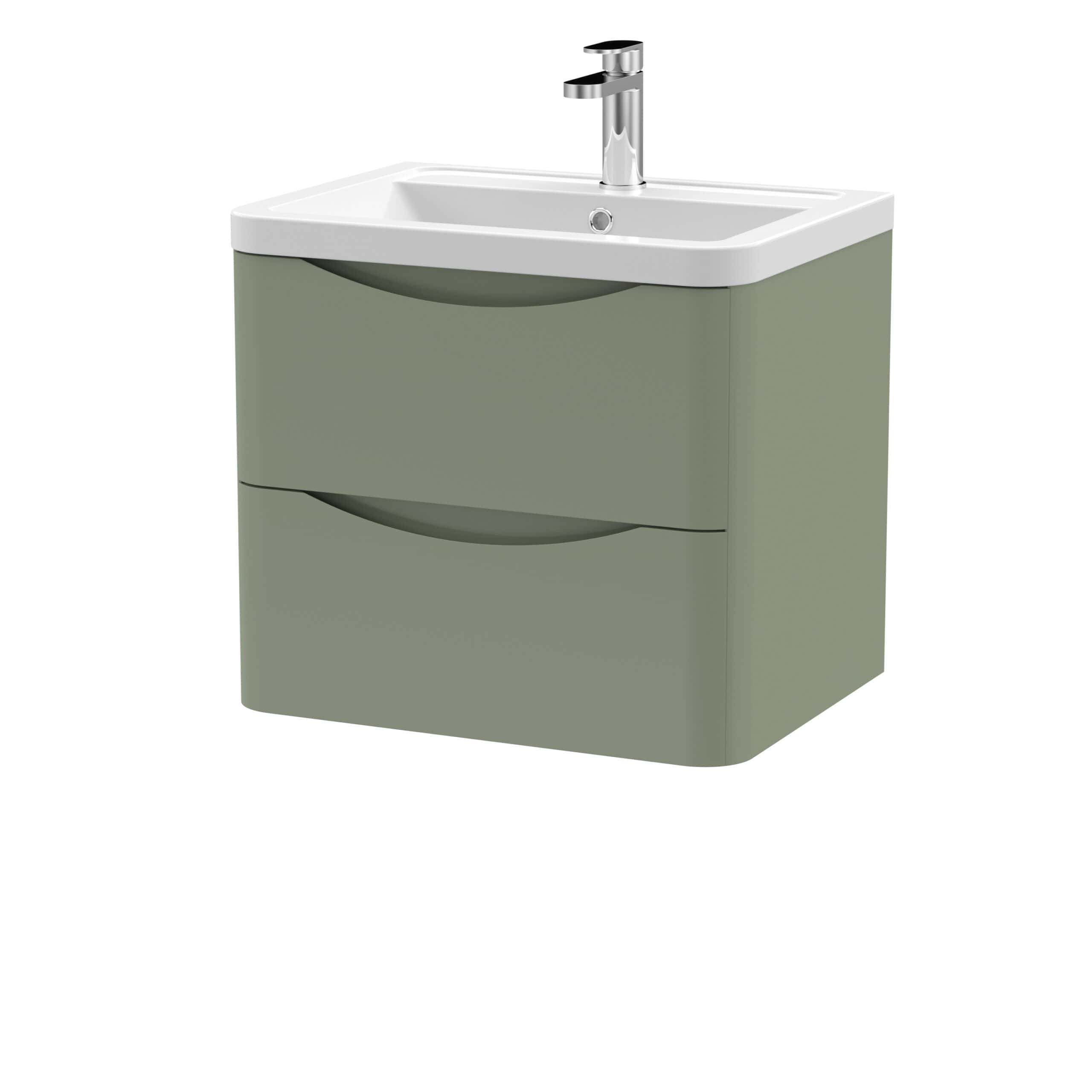 Sleek green bathroom vanity with integrated sink and chrome faucet, ideal for modern bathroom designs. Compact storage drawers provide practical organisation for bathroom essentials.