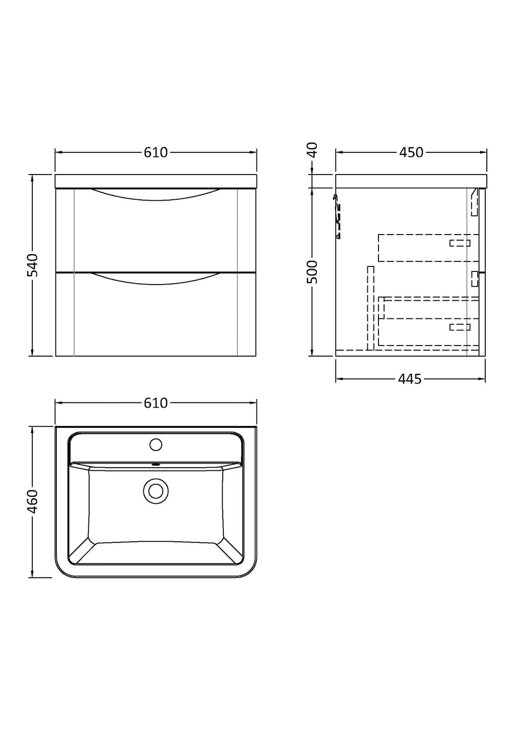 High-quality bathroom vanity unit with dimensions 610mm x 540mm, designed for modern bathrooms. Features drawers and cabinet space, perfect for bathroom storage and decoration.
