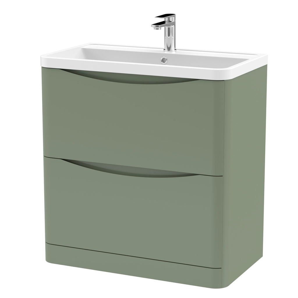 Modern green bathroom vanity with a white ceramic sink and chrome tap, featuring sleek curved drawer handles for stylish bathroom storage.