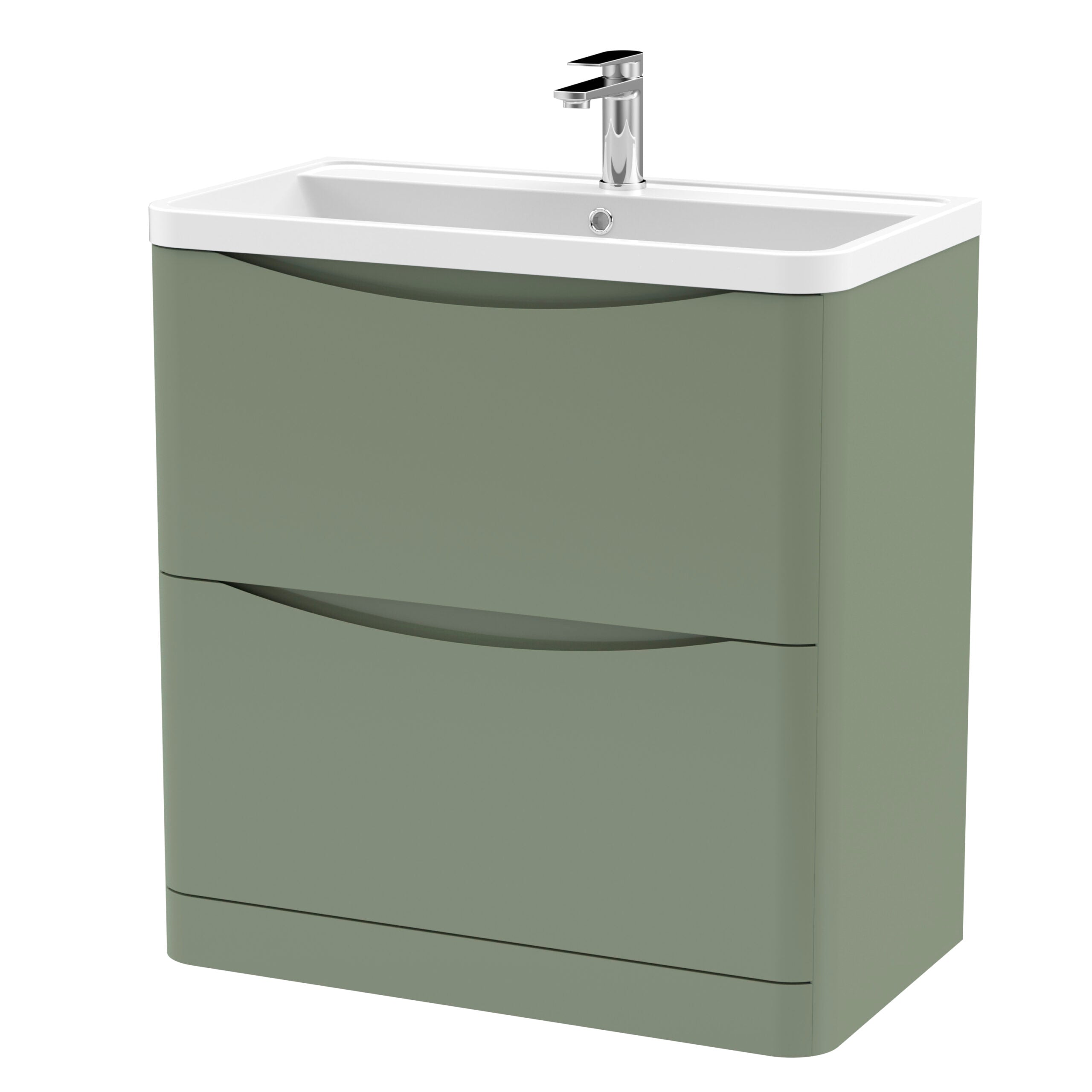 Modern green bathroom vanity with a white ceramic sink and chrome tap, featuring sleek curved drawer handles for stylish bathroom storage.
