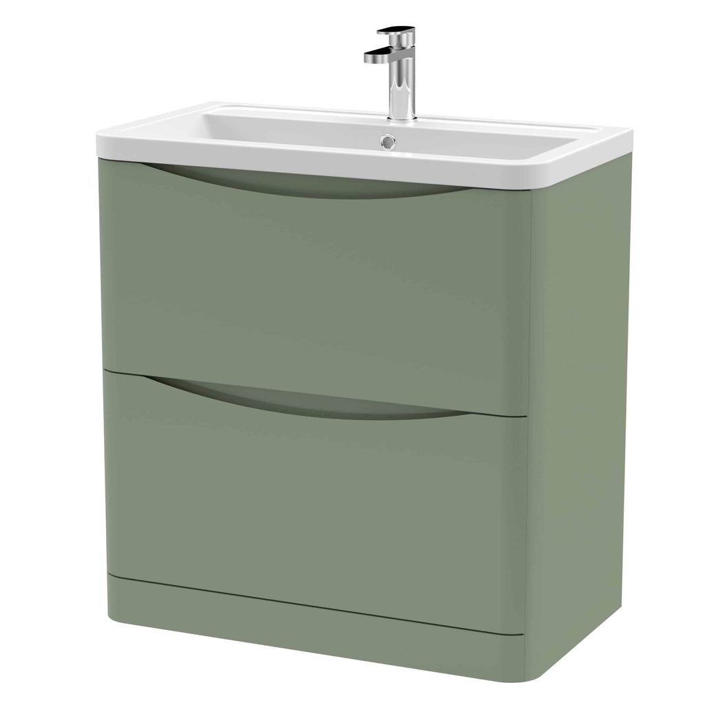 Contemporary bathroom vanity with built-in sink and storage cabinets, sleek design, ideal for modern bathrooms, finished in stylish muted green.