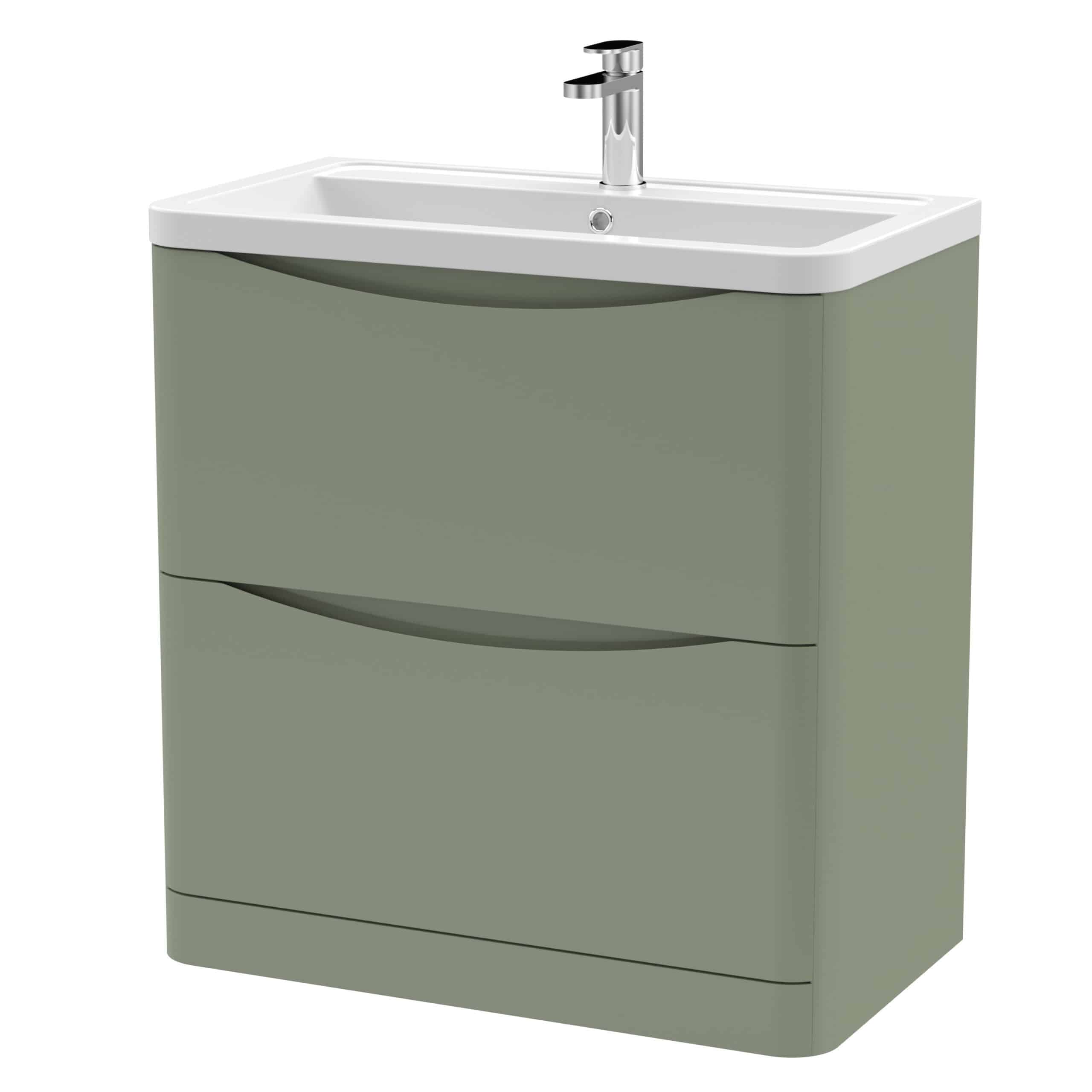 Contemporary bathroom vanity with built-in sink and storage cabinets, sleek design, ideal for modern bathrooms, finished in stylish muted green.