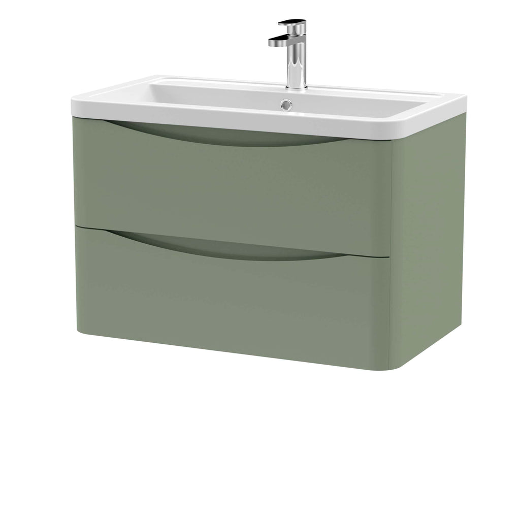 Sleek green bathroom vanity with integrated sink and modern chrome faucet, ideal for contemporary bathroom designs. Featuring ample storage drawers for organisation and style.