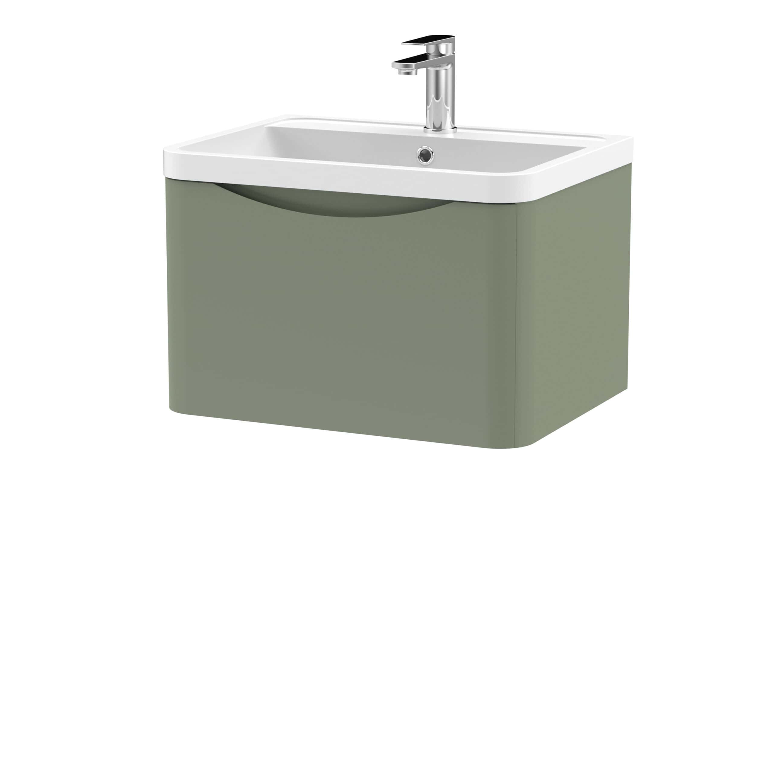 Sleek green bathroom cabinet with integrated white ceramic sink and modern chrome tap, ideal for contemporary bathroom designs and storage solutions.