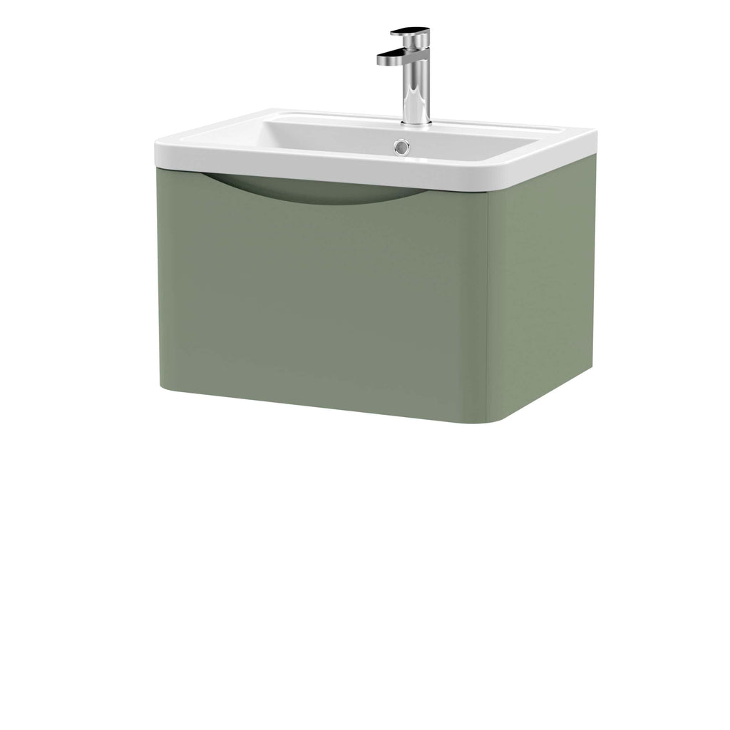 Contemporary bathroom vanity unit with integrated sink and chrome tap, featuring a sleek, minimalist design in soft green, ideal for modern bathroom renovations and storage solutions.
