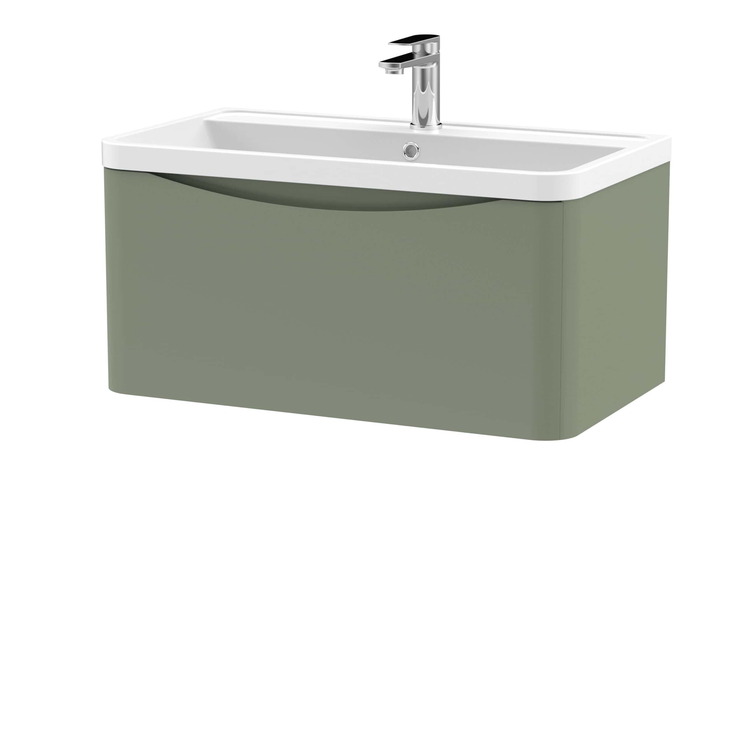 Minimalist green wall-mounted bathroom sink with integrated storage and chrome faucet for modern bathroom décor.