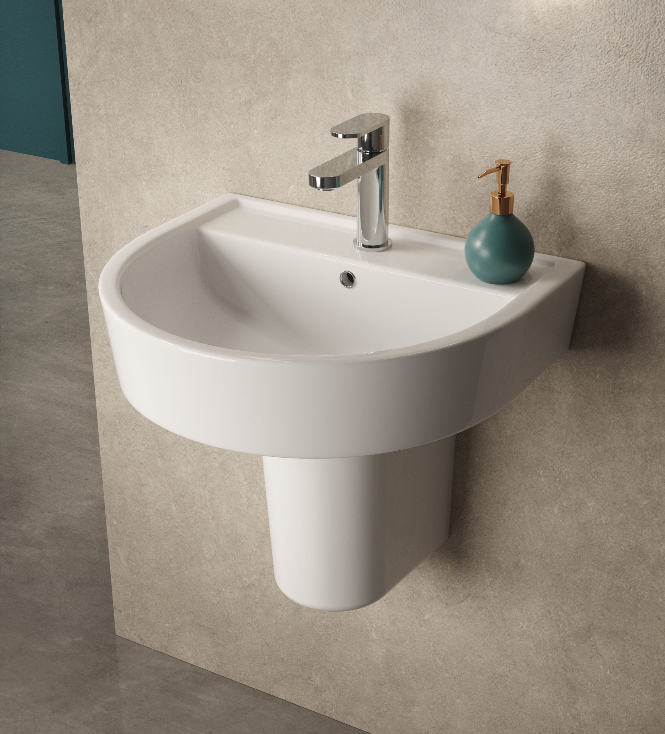 Sleek white wall-mounted bathroom basin with modern chrome tap and teal soap dispenser, ideal for contemporary bathroom decor.