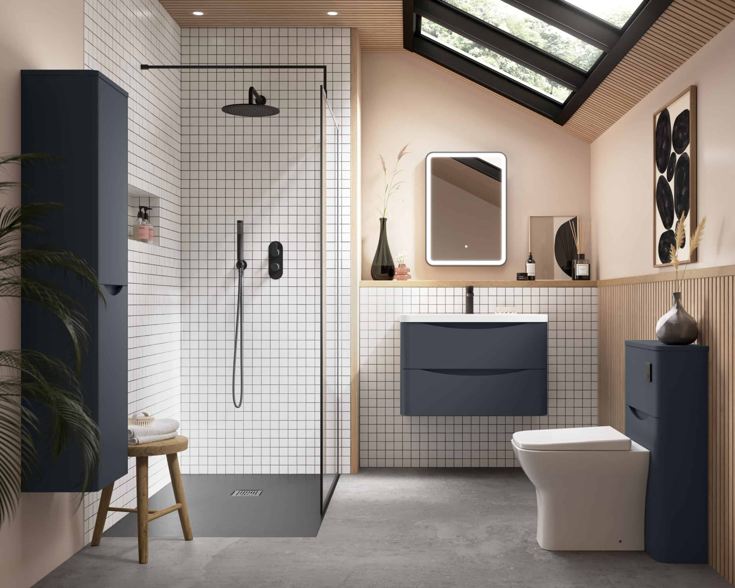 Modern bathroom with walk-in shower, sleek navy blue vanity, wall-mounted mirror with LED lighting, and elegant decorative accents in a contemporary style. Perfect for stylish bathroom design.