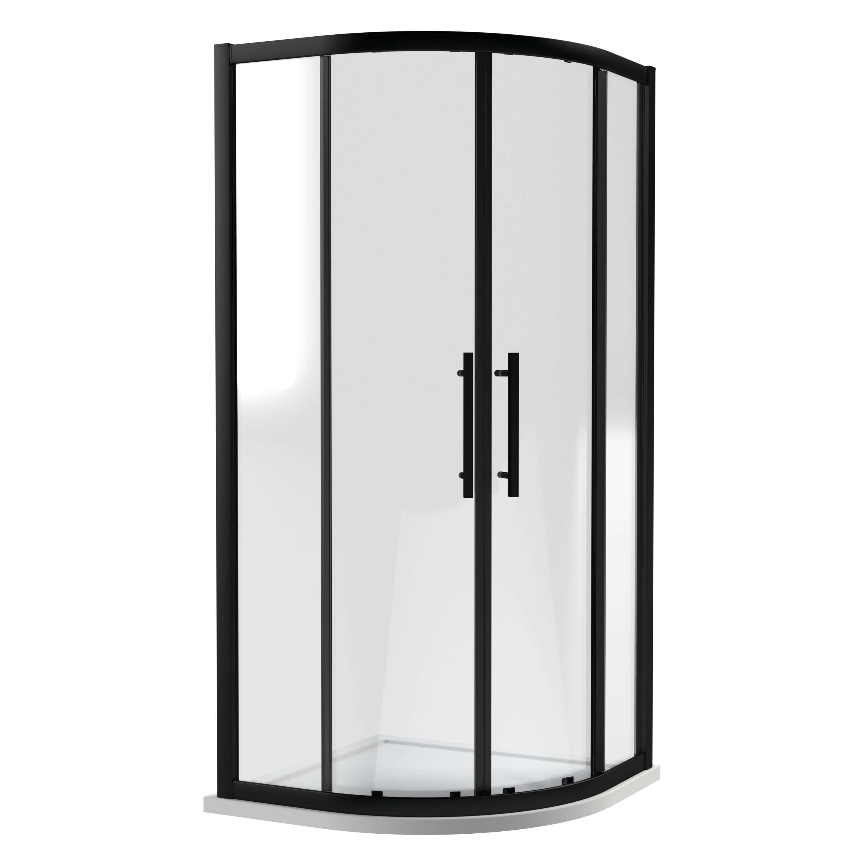 Sleek black-framed corner shower enclosure with curved glass doors for modern bathroom designs.