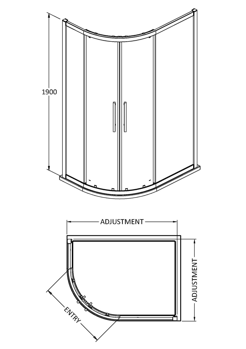 A sleek quadrant shower enclosure with curved glass doors, stylish handles, and adjustable panels, perfect for modern bathrooms. Fits compact spaces while offering a luxurious showering experience.
