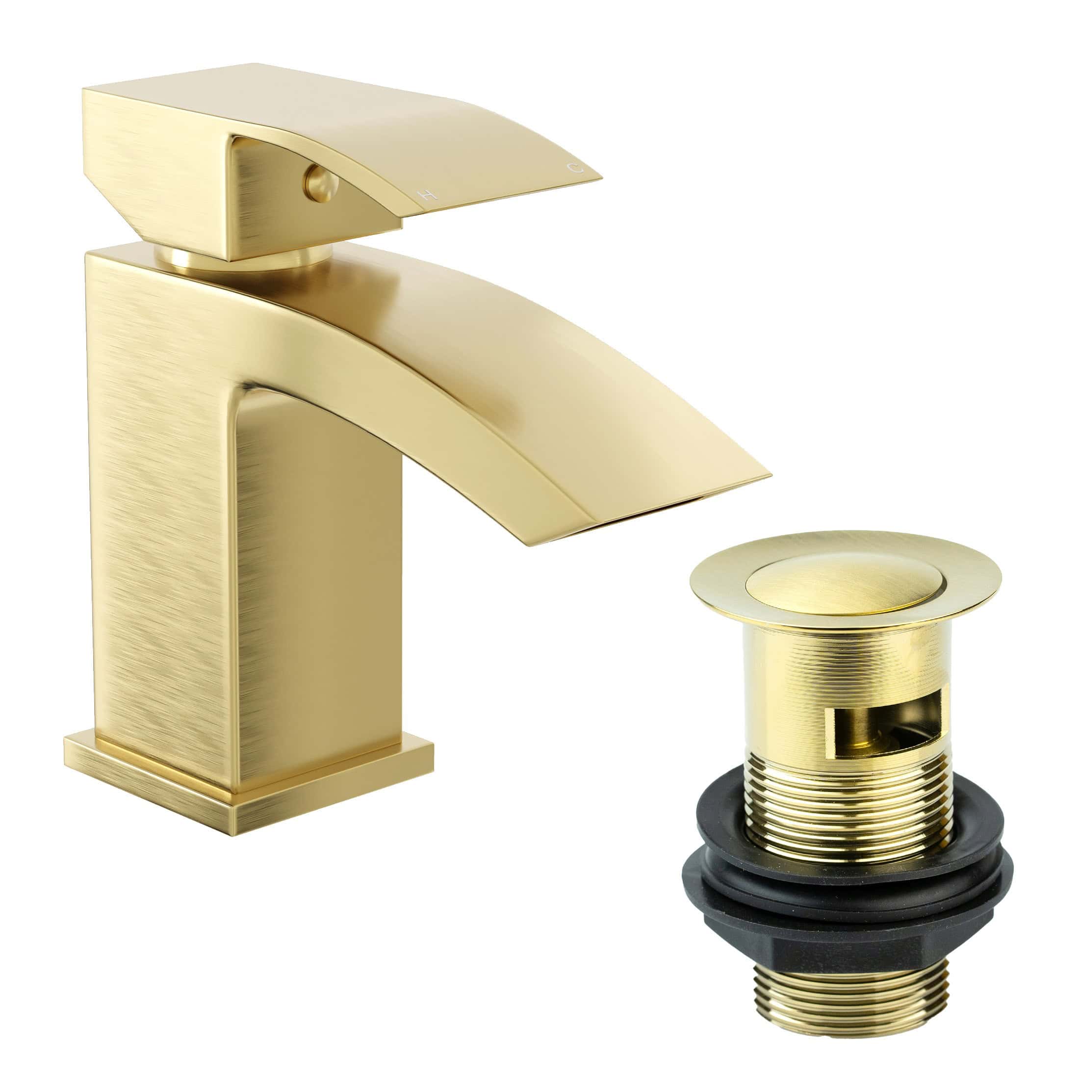 Brass bathroom faucet with matching pop-up drain, modern and elegant design, perfect for luxury bathrooms and high-end fixtures, durable and stylish plumbing accessories.