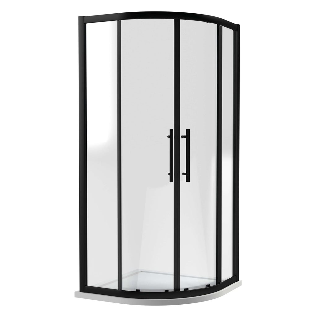 Modern black-framed corner shower enclosure with clear glass doors, ideal for contemporary bathrooms, providing a sleek and functional shower space.