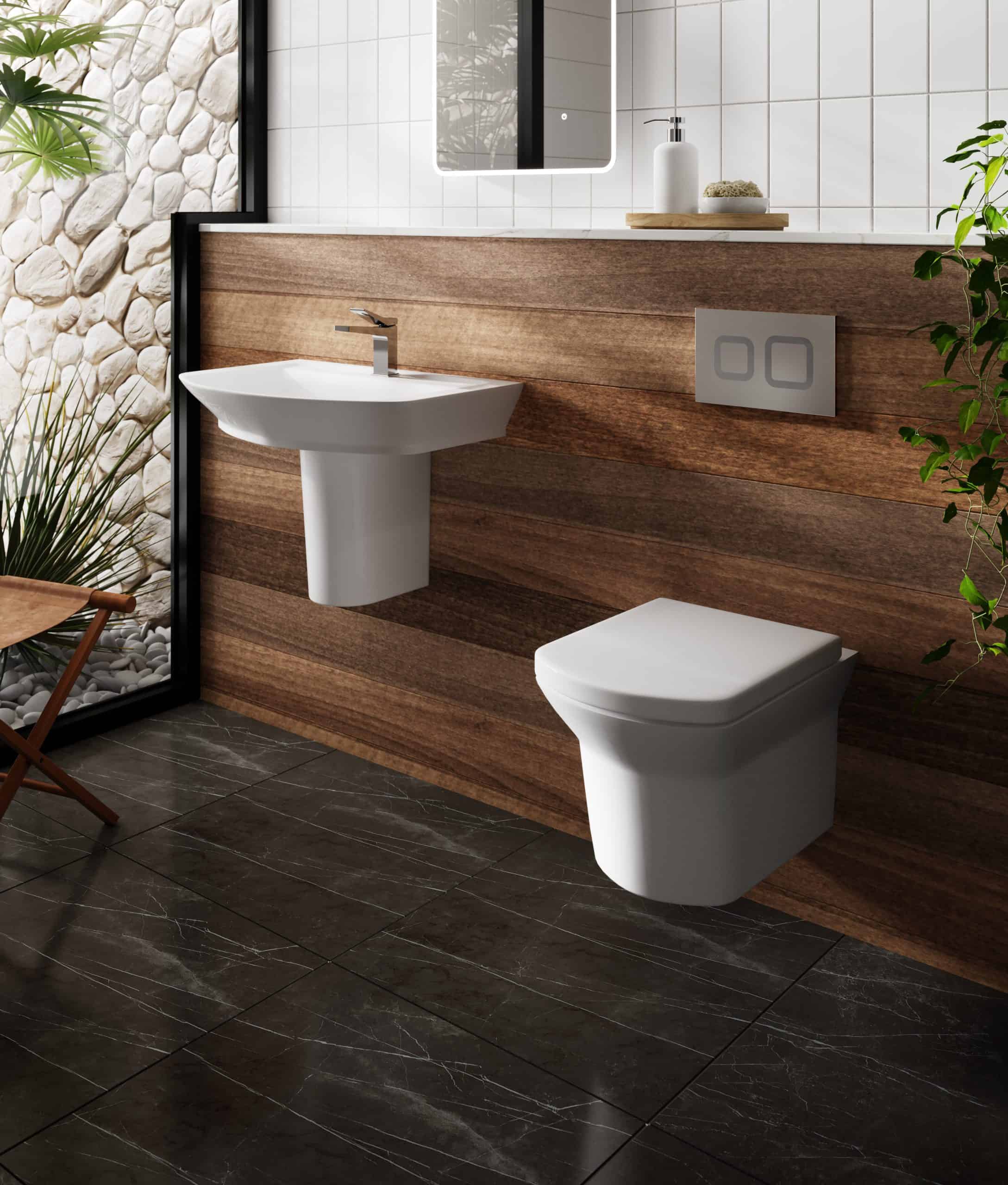 Sleek modern bathroom with wall-mounted sink and toilet, wooden panel wall and natural plant decor, minimalist design for contemporary bathroom interiors.